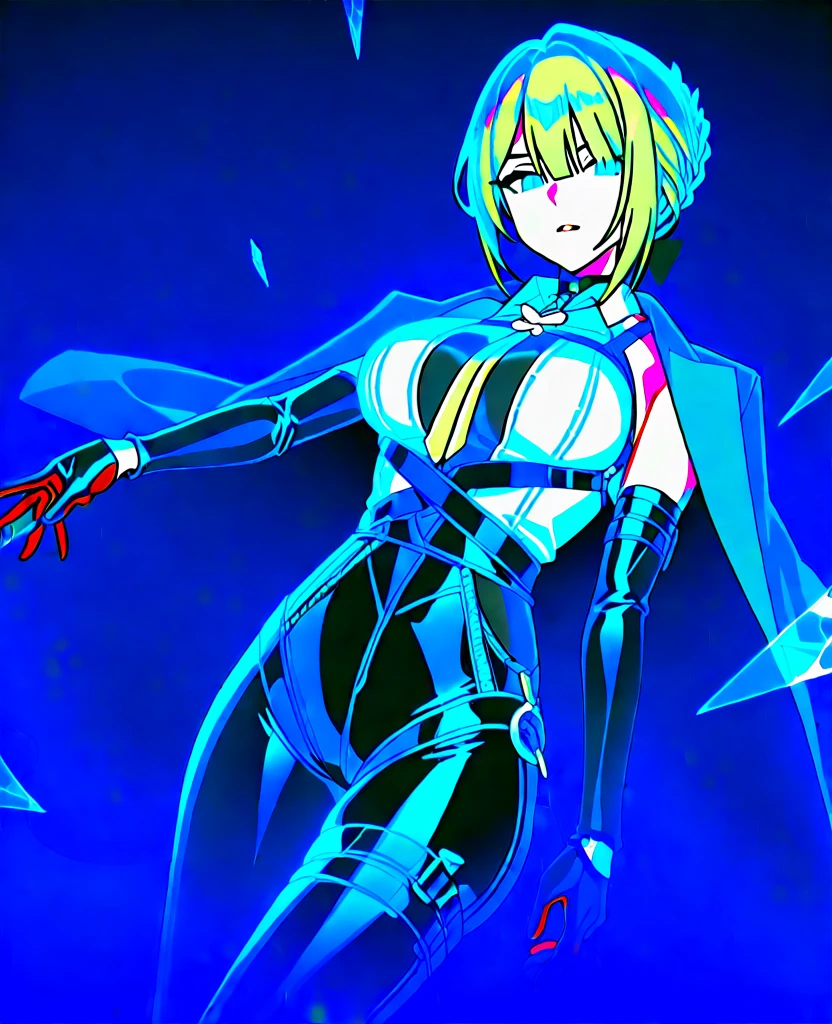 Cyberpunk Edgerunners, 1girl, Kiwi \(cyberpunk\), bare shoulders, yellow eyes, red pupils, boobs, all latex bodysuit, looking at viewer, medium boobs, solo with short hair, blond hair, bob cut, sexy pose (( Masterpiece)), Black clothes, eyes fixed on viewer, hair style: bangs, covered breasts, covered cleavage, mask, mouth and nose covered by mask, cyberpunk mask, kiwi mask