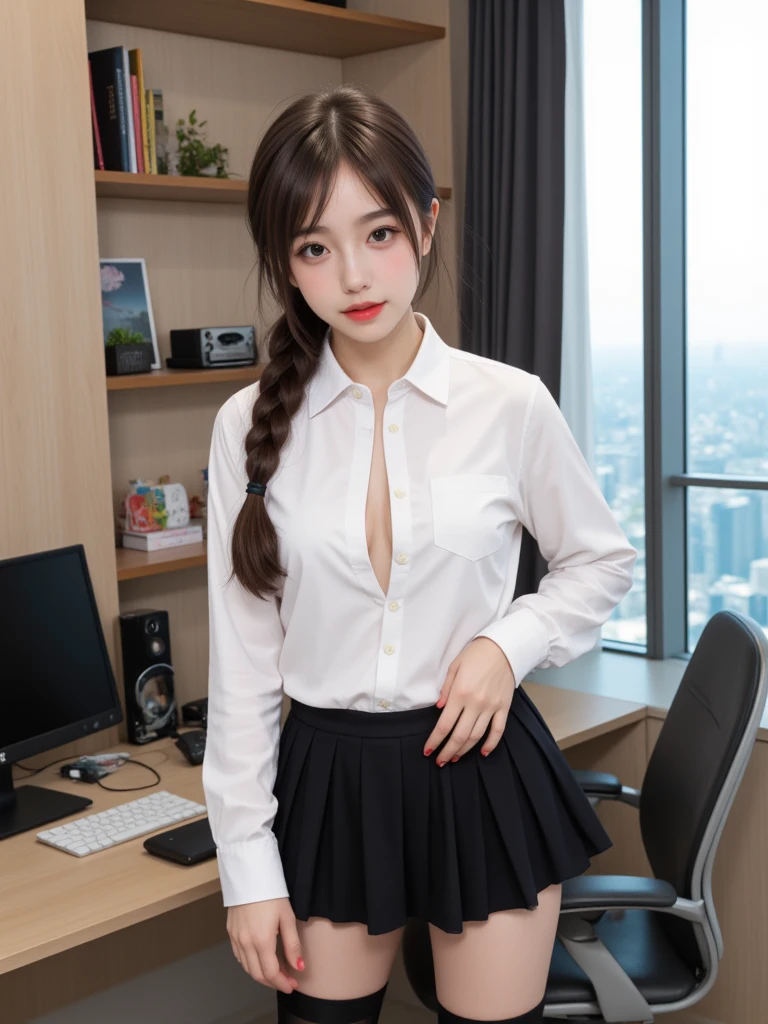 (8K、top-quality、masterpiece:1.2)、(reallistic、Photorealsitic:1.2)、 Phenomenally cute girl、16Japan Idols、乃木坂アイドル、Korean Korean Idol、17 age、A smile、sitting on、(((pantyshot)))、(((Spread your legs apart)))、独奏、Classroom、a smile、watching at viewers、(Sit up:1.5)、In the school、large full breasts、Fine and beautiful eyes、)、(blondehair)、(Hair Long Hair:1.1)、pantyshot, Spread your legs apart, skirt by the, student clothes, black panties, sockes, light brown hair, The shirt, bblurry, blurry backround, knee high, white shirt, lowfers, life-like, length hair, s lips, Brown-eyed, Black socks, neck tie, pleatedskirt, the bow, head rest, looking to side, plein air, Brown Footwear, masterpiece, top-quality, ultra-detailliert、(((pantyshot)))、(((Spread your legs apart)))、
