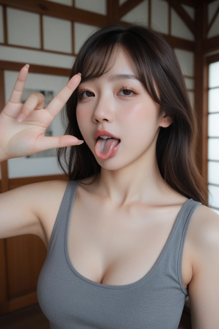 8K,best qualtiy,tmasterpiece,超高分辨率,(真实感:1.4),RAW photogr,(True skin texture:1.3),(filmgrain:1.3),(Selfie angle),1个Giant Breast Girl,Beautiful eye and face details,tmasterpiece,Best quality at best,closeup cleavage,The upper part of the body,Morning sun,Lie down in bed,Hands touch your neck,(Cover your eyes with your hands),Toothy smile,Hairline