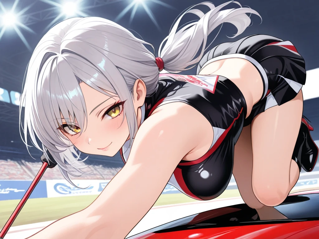 Silver-haired, red-eyed girl、Wavy long hair、Pool、Riding on a float、A sweet tsundere girl、Reaching for this、Prank、cute、