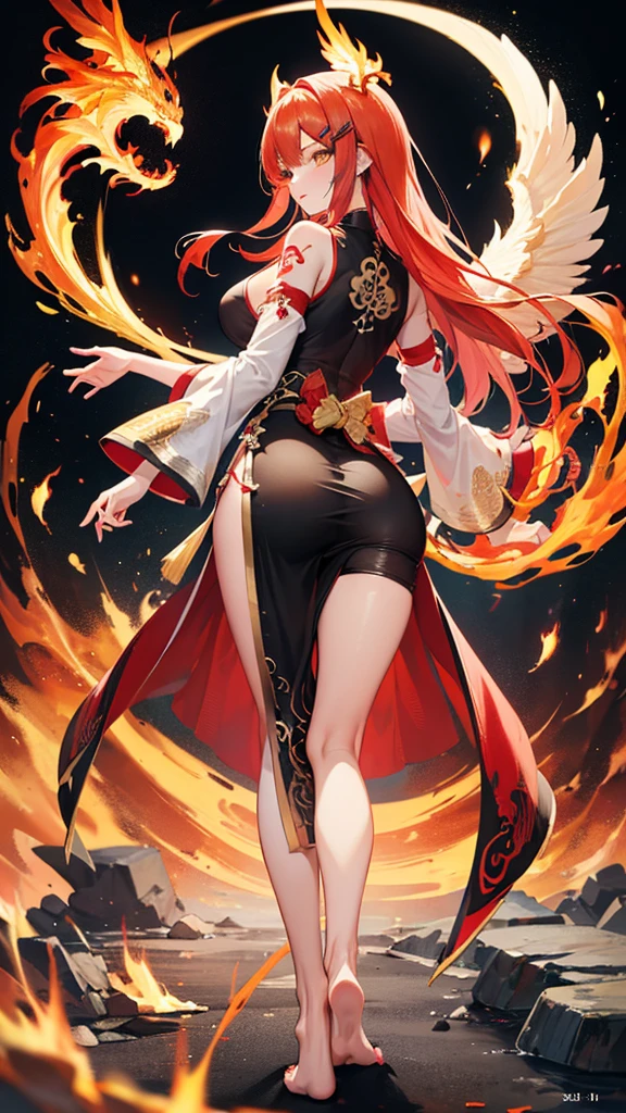 a girl,white short hair,huge breasts,slender waist,There are two dragon horns on the head,Wearing red clothes,The type of clothing is Hanfu,golden headdress,red and white background color,Standing posture,wearing high heels。Perfect body。full body picture