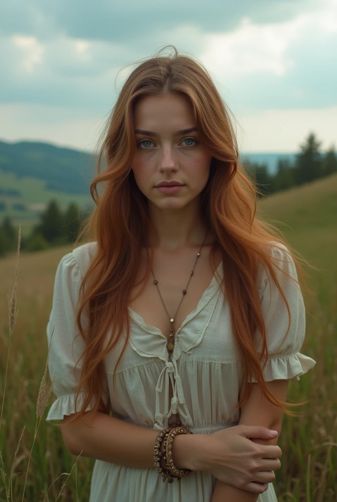 RAW uhd portrait of 24-year-old blonde, Natural red hair, castles, Wavy, (brown-eyed woman) Enchantia, a realm brimming with sorcery, castles veiled in misty twilights, blooms exuding ethereal glow, iridescent dragonflies darting above whispering creeks, golden light filtering through enchanted forests, magic saturating the very air, digital painting, ultra fine, volumetric lighting, mystical atmosphere, redhead, (Yellow Summer Dress), (cutout), Detailed (textures!, Hair!, brightness, Color!, imperfections:1.1), High detail of light eyes, (looking at the camera), specular lighting, dslr, ultra quality, sharp-focus, Sharp, Depth of field, Film grain, (centered), Fujifilm XT3, Crystal clear, The center of the frame, cute face, sharp-focus, bokeh, (dimly lit), Low key, (day sky) day.