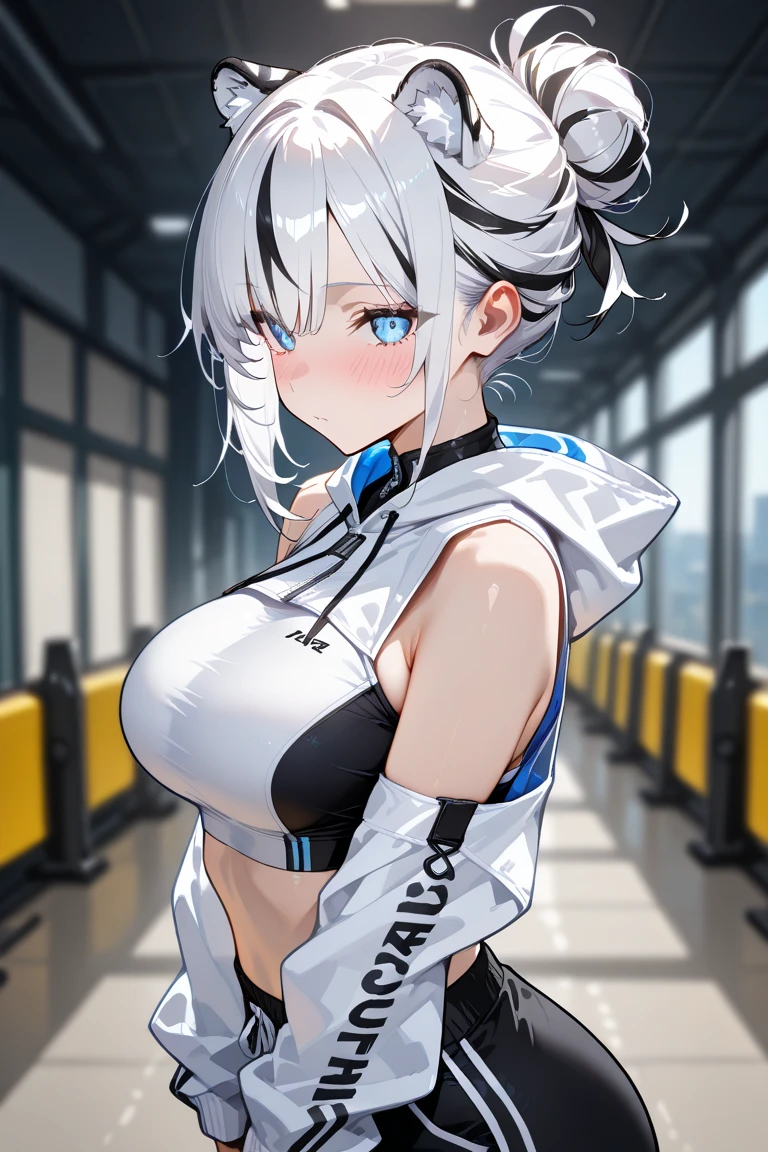 Anime character, white color hair,Double ponytail curls, crop top,blue color eyes,White Lolita,Beth, Tokyo night street, cat ears, large breasts, wear Hoodie