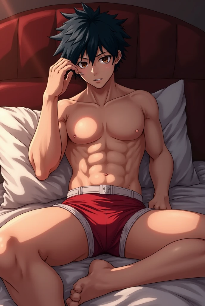 masterpiece, best quality, high quality, 1 guy, alone, male focus, shirtless, sitting on bed, in boxers, hands on bed, fujimaru_ritsuka,
