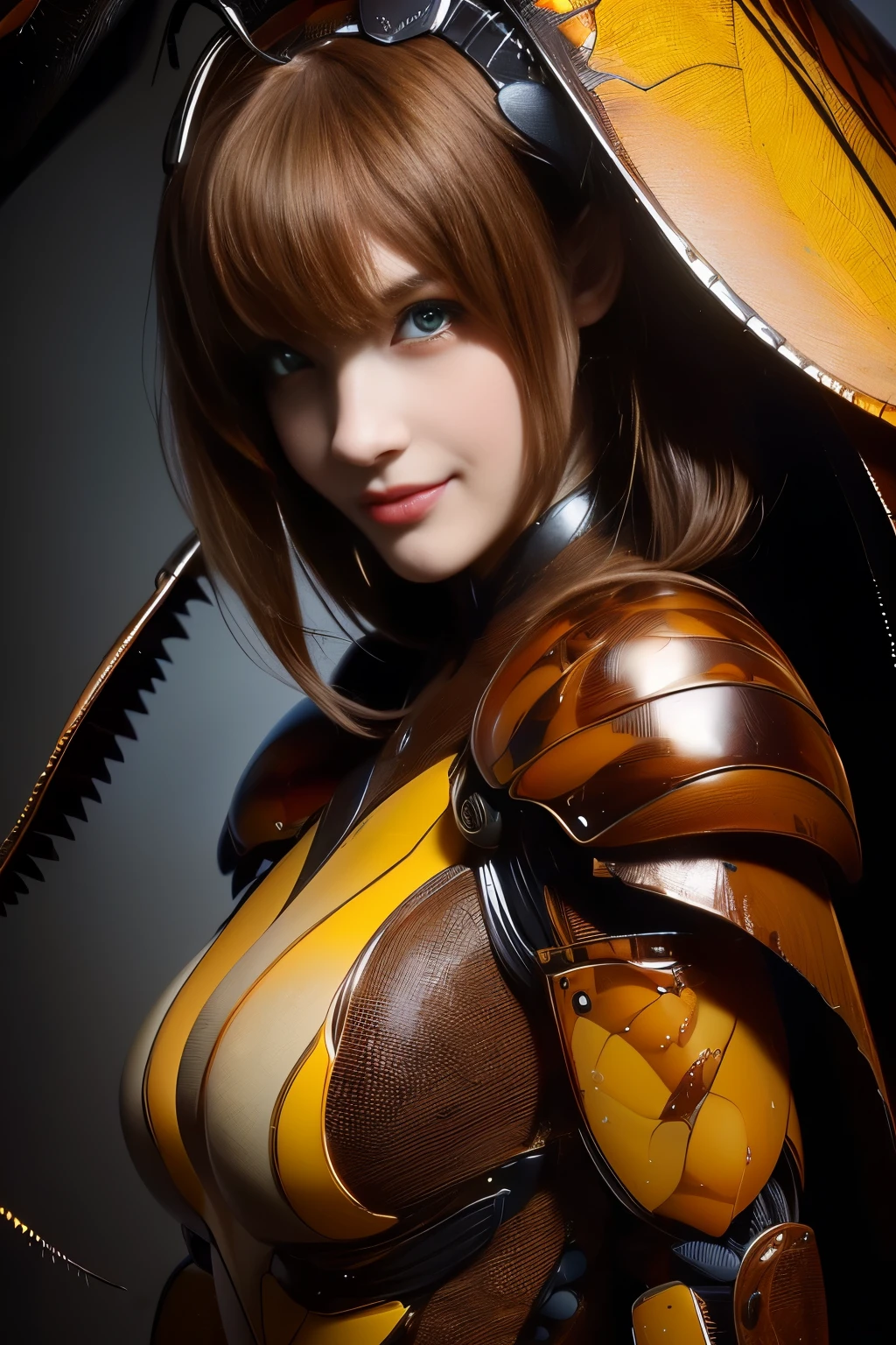 (high resolution,masterpiece,best quality,extremely detailed CG, anime, official art:1.4), realistic, photo, amazing fine details, all intricate, gloss and shiny,awesome many layers, 8k wall paper, 3d, sketch, kawaii, illustration,( solo:1.4), perfect female proportion,villainess, (fusion of dark brown cockroach and lady:1.4), (brown cockroach form lady:1.2), (brown cockroach lady:1.2), (fusion:1.2), (solo:1.4), (evil smile:1.2), muscular, abs, (cockroach brown exoskeleton bio insect suit:1.4), (cockroach brown exoskeleton bio insect armor:1.2), (brown transparency cockroach wing:1.4), (brown cockroach antennae:1.3),