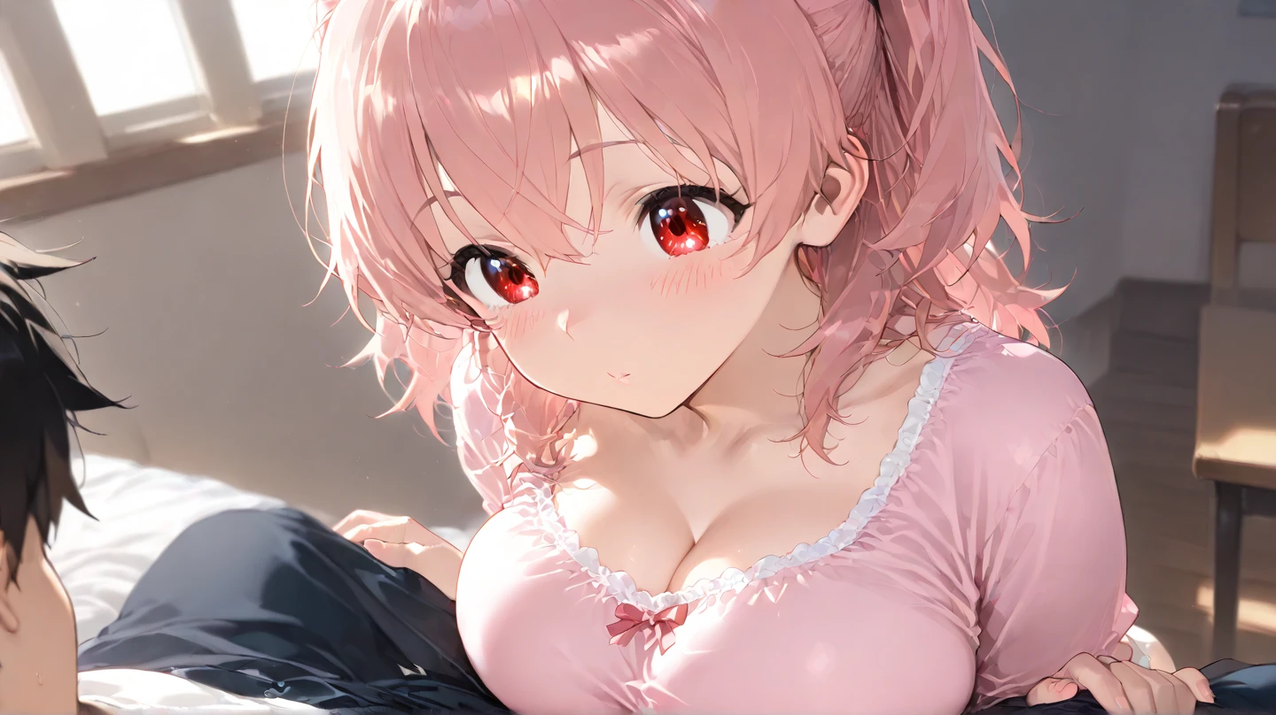 Solo, thin white lace underwear, top quality, masterpiece, detailed background, very complex and detailed face, long eyelashes, detailed eyes, (high ponytail: 1.3), (black background: 1.3), (red eyes: 1.3), (pink hair and white mesh: 1.2), sexual arousal, big cleavage, slim, red collar, upper eyes, full body, skirt, shorts, tartan check, realistic legs, bright white underwear, Sweating, crawling on all fours, looking back