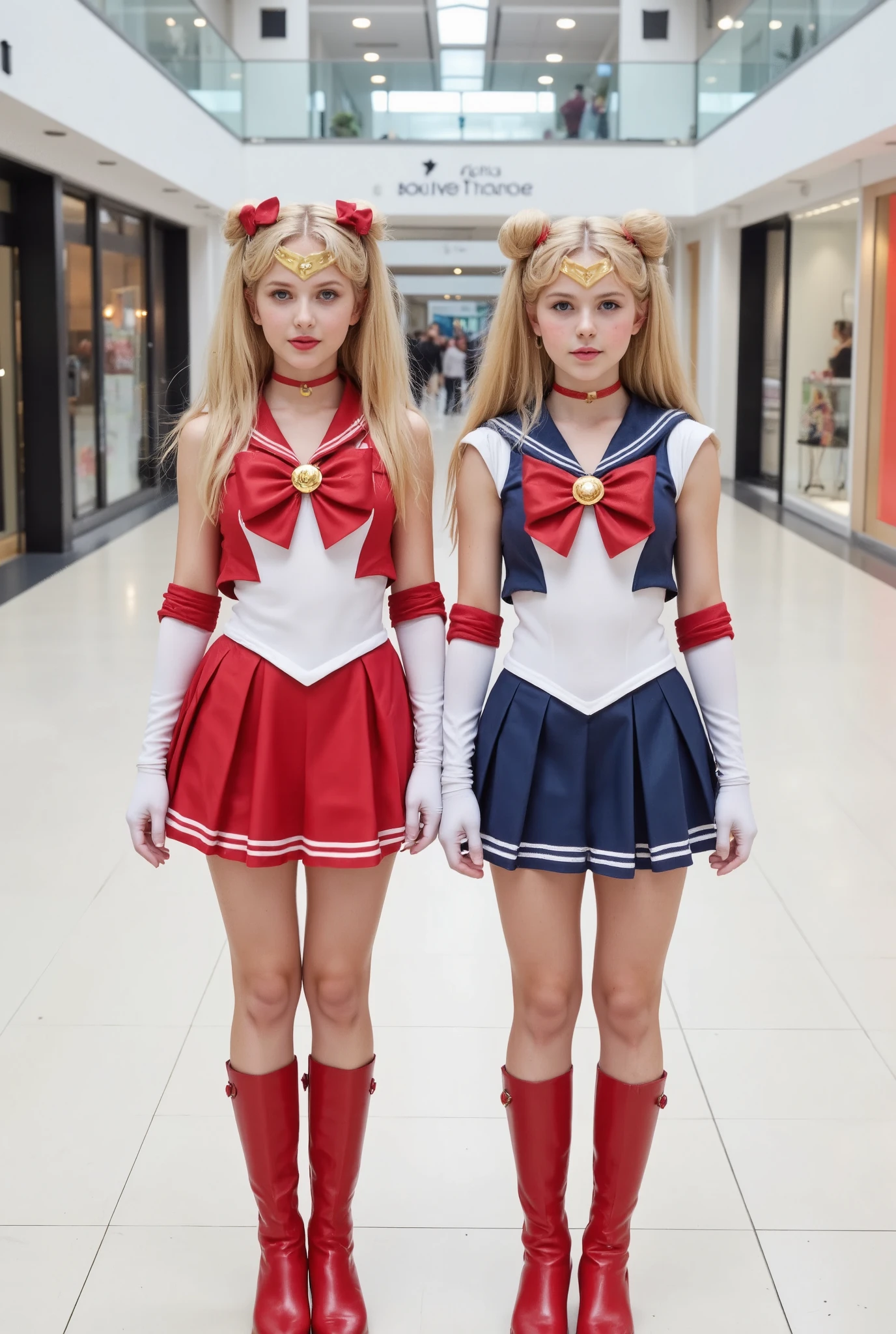 Create a hyper-realistic photograph of beautiful, fair-skinned twin little student girls. They have very long, straight blonde hair styled in two buns and twin tails. Both are wearing Sailormoon costumes and standing in a symmetrical pose with idol horizontal piece, resembling small versions of Sailormoon. The background is a shopping center.