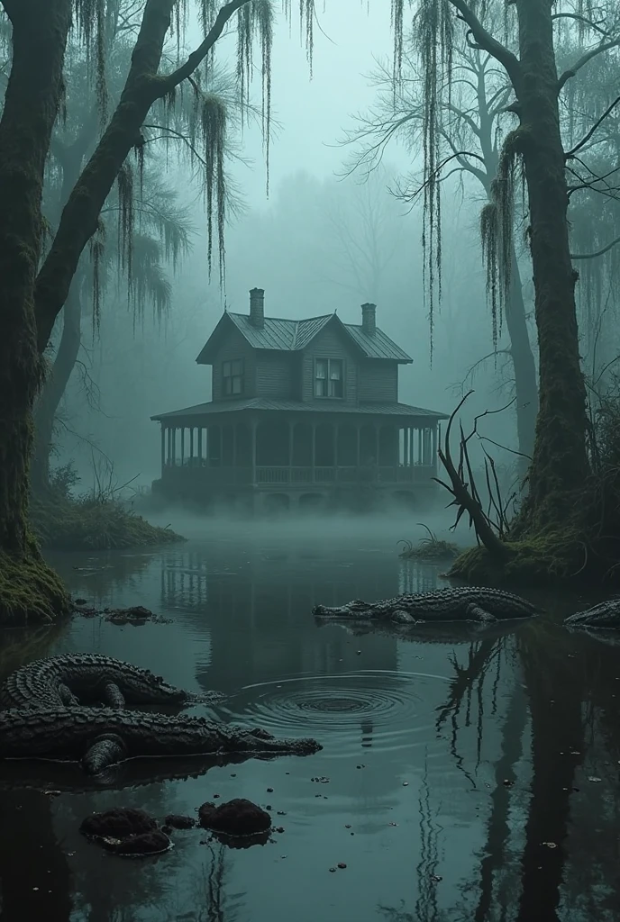 A horror story book cover written "NO ROOMS FOR HUMAN" with haunted house in middle of water source having crocodiles