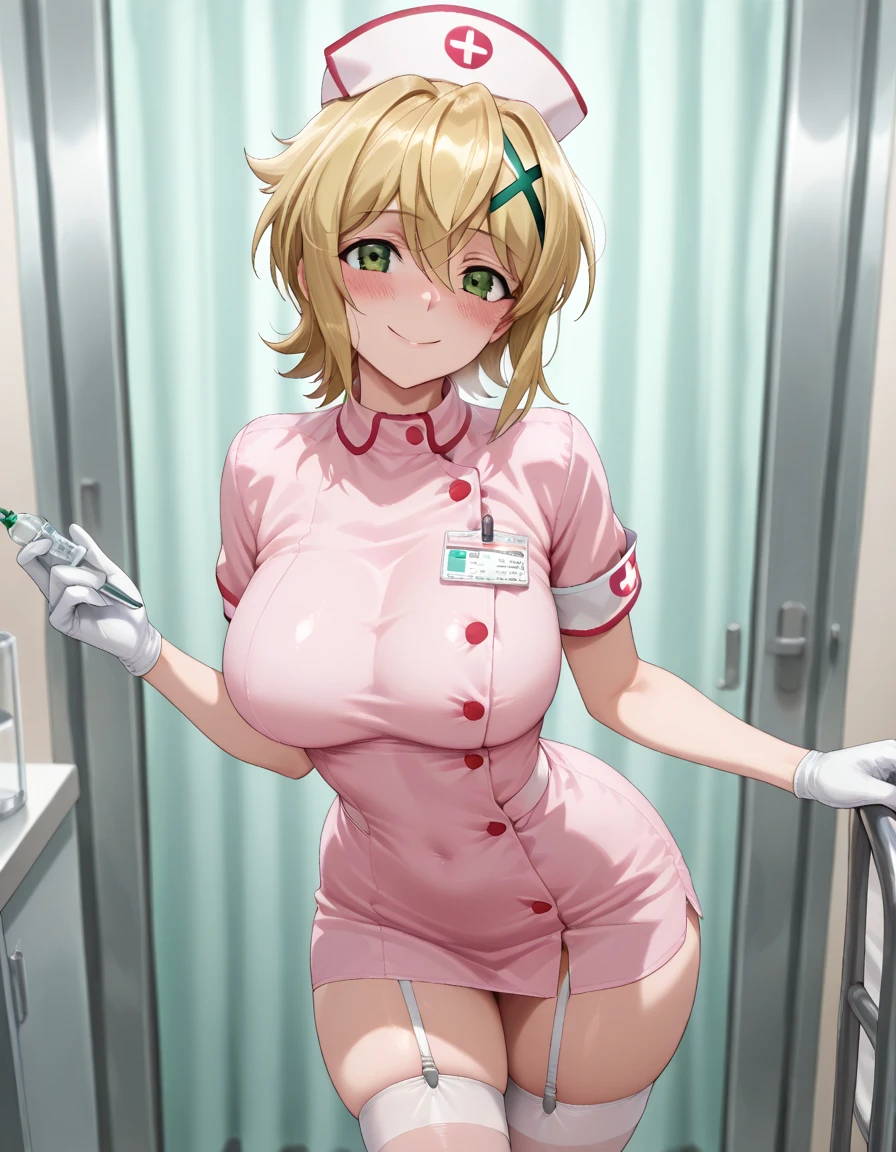 (score_9, score_8_up, score_7_up, score_6_up, score_5_up, score_4_up), masterpiece, best quality, high_resolution, 8k, UHD, 1girl, detailed, extremely detailed, best anatomy, (large breasts), nurse, nurse naked, stockings, short hair, yellow hair, messy hair, bangs, green eyes,