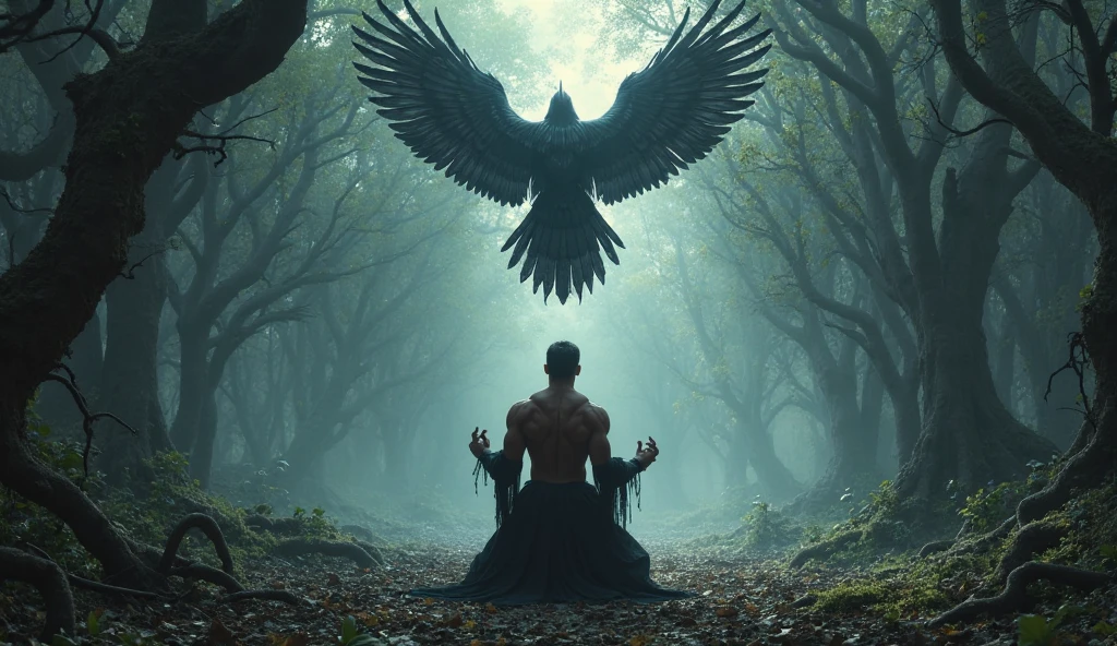 handsome and naked man holding a black raven. Mountains behind of him. Image must be inspired by stories of Edgar Alan Poe. Mistery image. Realistic. Potography.