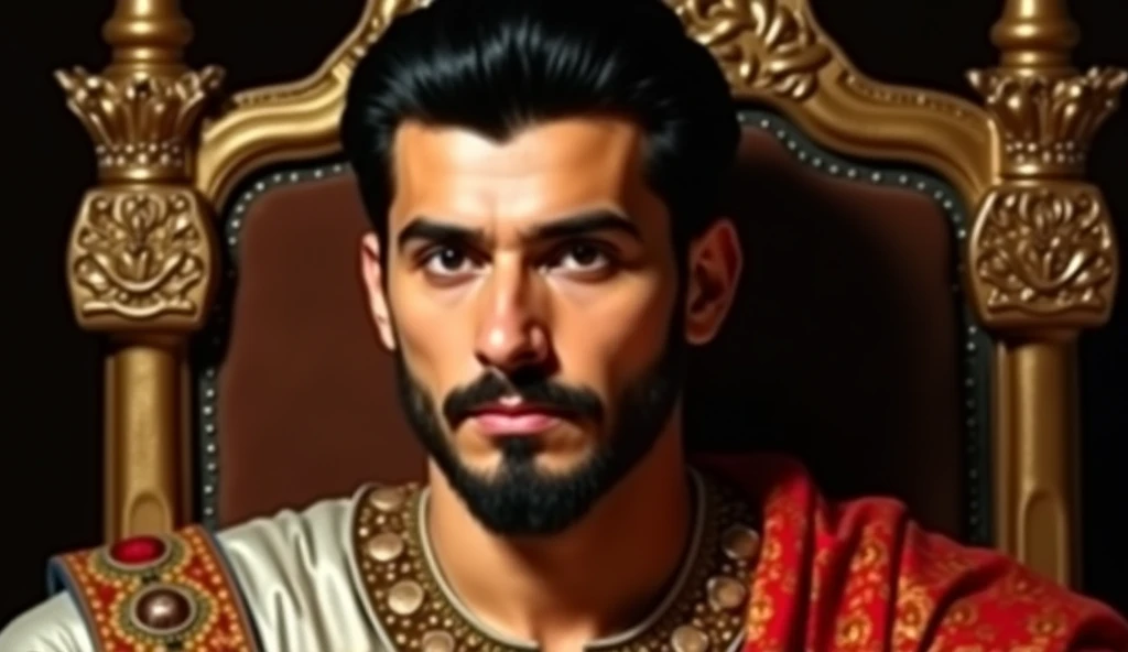 A close up of a insanely handsome attractive man with a thin beard and a black robe, a portrait by Roman Bezpalkiv, zbrush central contest winner, renaissance, heavenly handsome prince of persia, Henry Cavill as assyrian, handsome male, his head and neck covered in rich jewels, as a medieval fantasy character, arabian samurai, handsome man, portrait of bedouin d&d