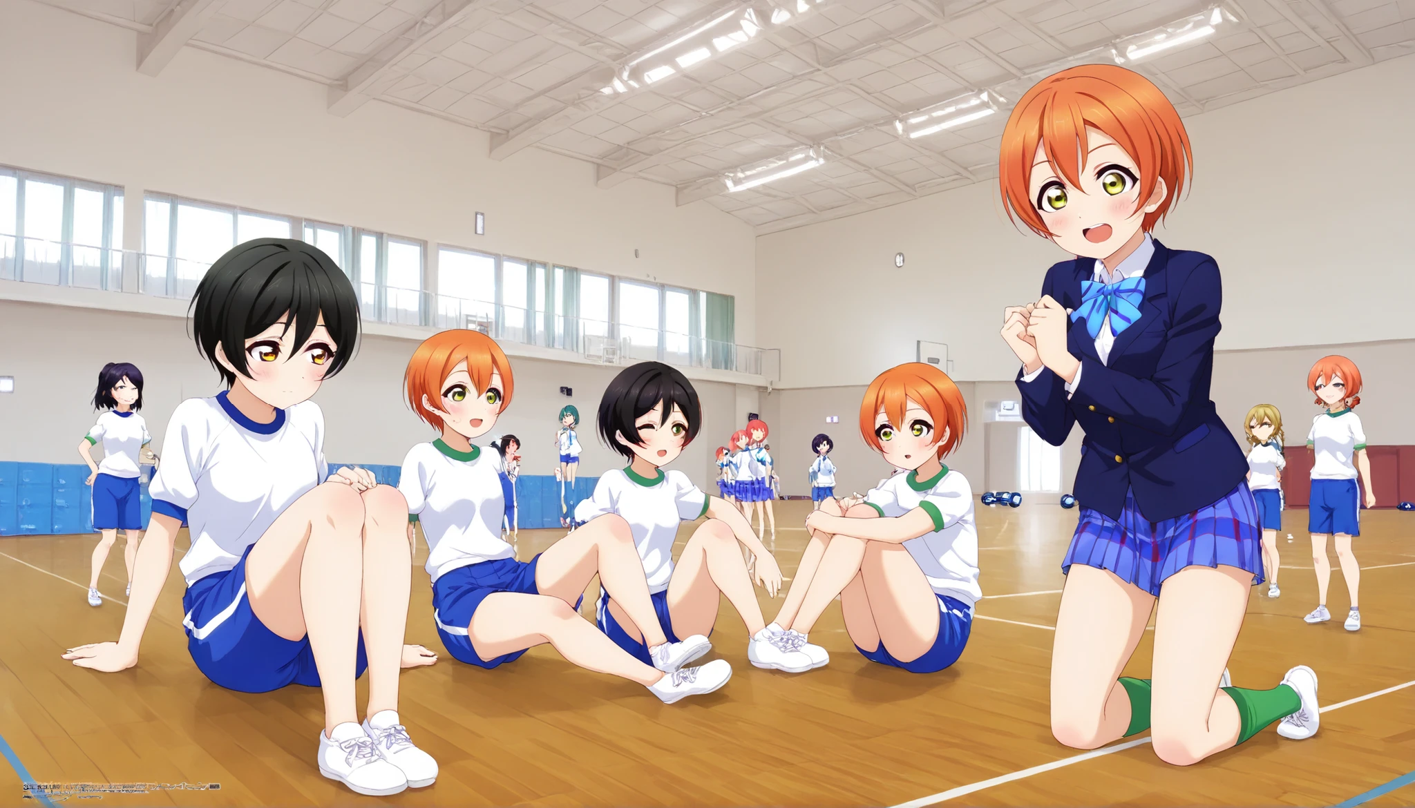 1girl,unwellness hoshizora rin, striped, short hair, blush, otonokizaka school uniform, lovelive_rin black blazer, blue plaid skirt, blue stripe bowtie, orange hair, very short hair, hair between eyes, yellow green eyes,sitting on the floor grasping one's knees (as in a gym class),score_9, score_8_up, score_7_up, rating_safe, masterpiece, best quality, absurdres, unity 8k wallpaper, official art, official style, source_anime, uncensored, game cg, megami magazine,taiikukan, indoors, sportswear, multiple girls, indoors, photo background, shorts, 6+girls, ceiling light, black hair, ceiling, stage, wooden floor, gym uniform, sportswear,Gymn4s3,