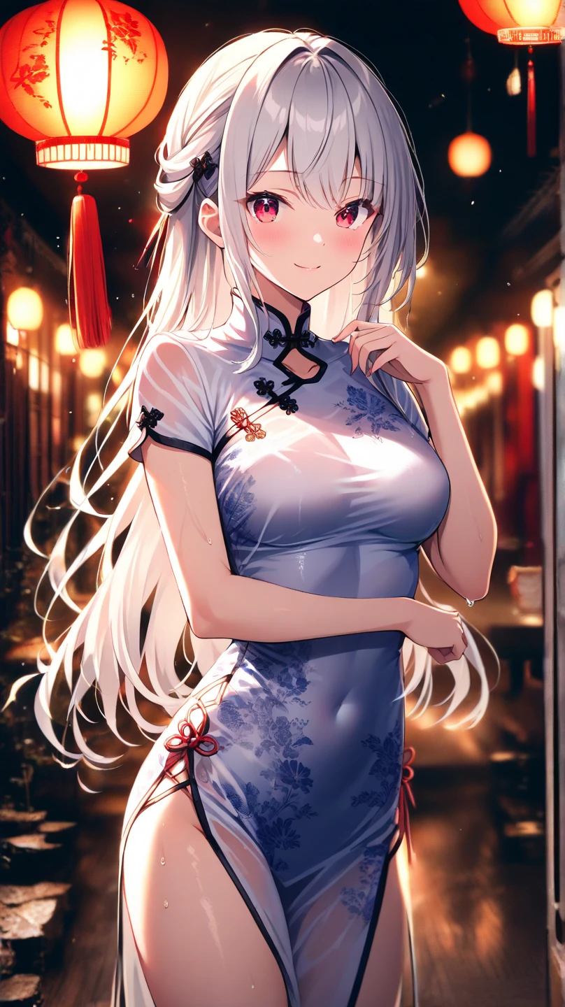 highres, highest quallity, illustration, ultra detailed, (detailed face), (detailed eyes), (glow:1.2),((glow reflection hair:1.5)),(shiny white color hair),(Sparkling lighting:1.2), best quality, hyper detailed, masterpiece, 1girl, solo, smile,long hair,asymmetrical hair, Break,(tight:1.2)(shiny white chinese dress:1.4), luminous eyes, (breasts),(curvy), Break,fullbody, (squatting down),looking at viewer,outdoor,street,midnight,BREAK,anime