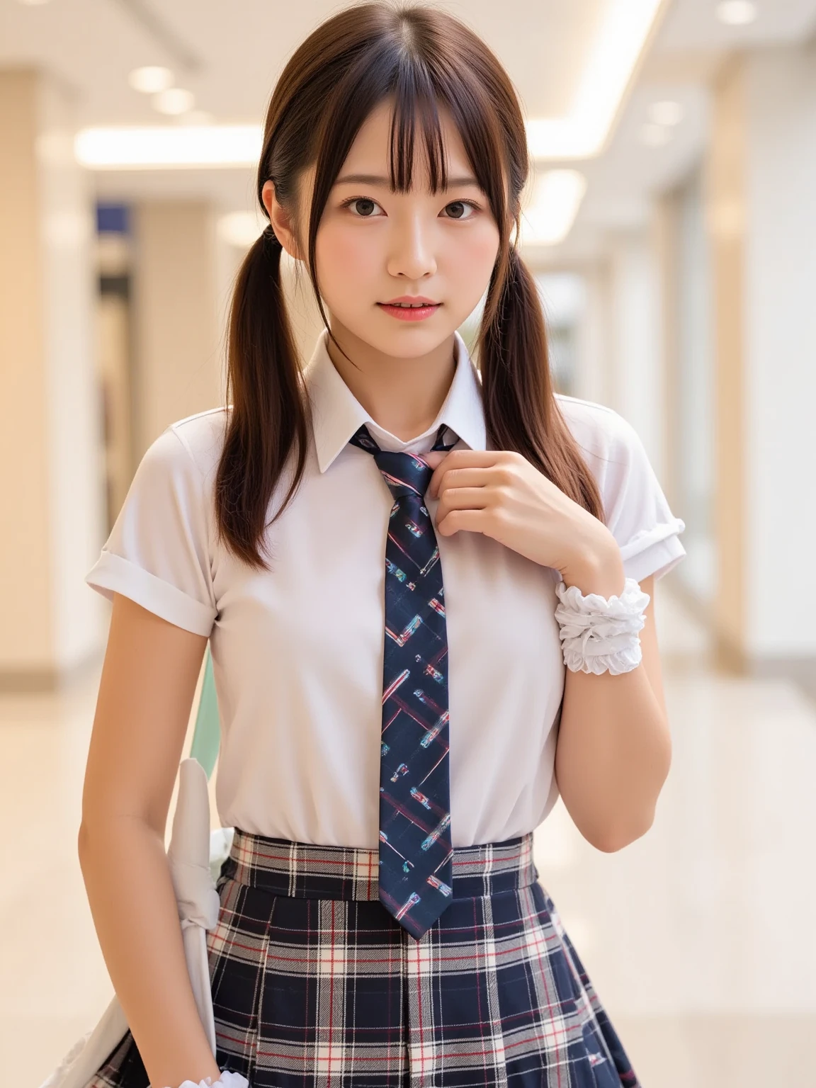 (masterpiece:1.2), Japanese, (18-year-old), (girl), ((Collared shirt)), (skirt), smile, Bedroom, Thighs, ((small face)), (bow tie), Hair Bun, walking,