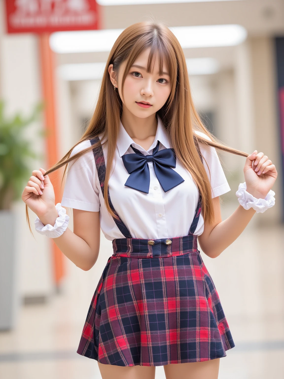 little young girl.................,, in front of the school、Connect to skirt with suspenders、White shirt with long sleeves、Plaid skirt , nice and cute, Innocent smile, , Lovely smile, sakimichan HDRI 、 with short bob、Pose cutely , 8 year old , big breasts , red knot , red bow , twin tails hair , waistband of skirt is at the point above chest