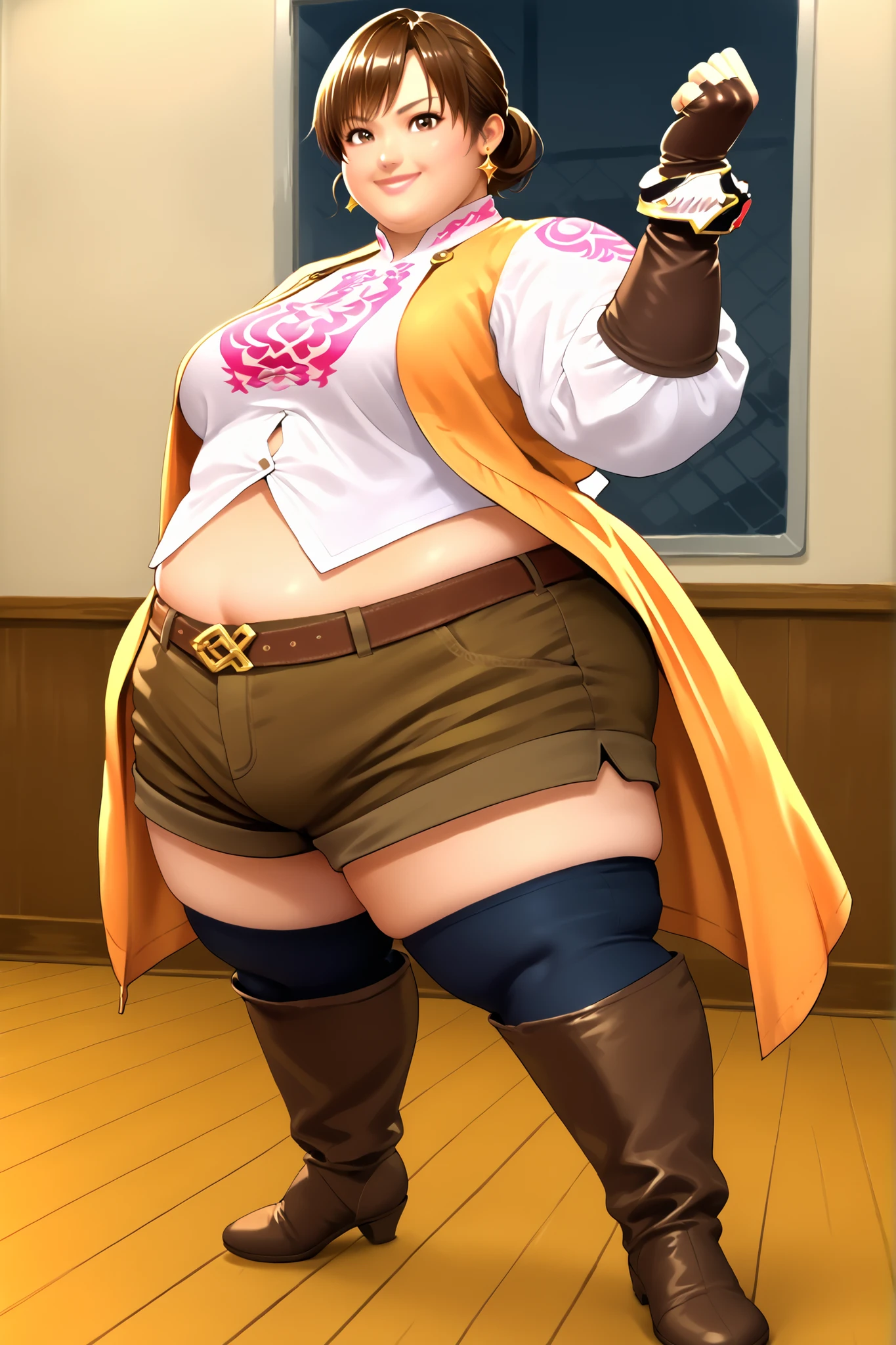 score_9, score_8_up, score_7_up, score_6_up, score_5_up, score_4_up , BREAK source_anime,anime screencap,anime_coloring,anime_lineart, smile, gloves, brown eyes, jewelry, earrings, shorts, thigh highs, boots, fingerless gloves, white shirt, smile, midriff, crop top, action posing , dynamic angle, indoors, coat, full body, SSBBW, 500 lbs.