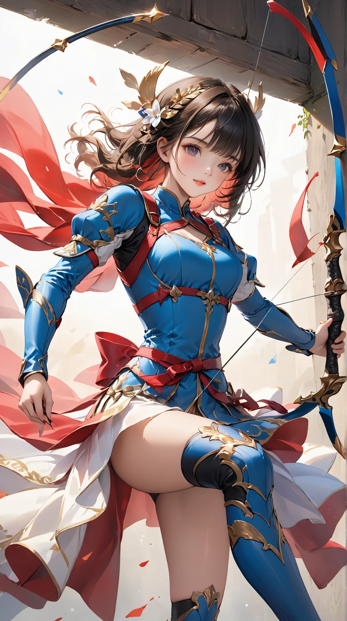 (((round face))), anime-style, showing off her panties, holding her butt and chest from over clothes with her hand, earrings, thigh-high, (butt), eccentric pose, female general, having sword