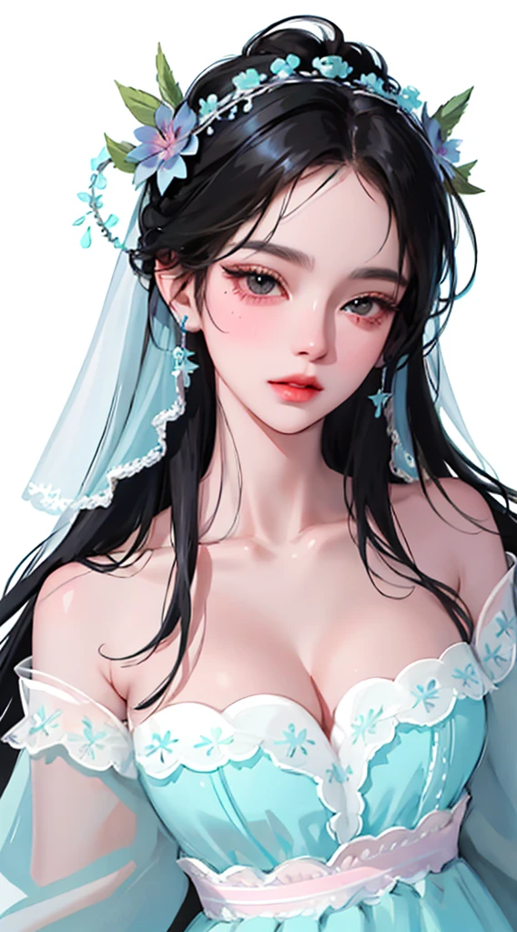 best quality,masterpiece, an extremely delicate and beautiful, CG,extremely detailed ,highres, extremely detailed,depth of field, 1girl,beautiful detailed girl,blue_hair, long_hair, beautiful detailed red eyes,(makeup:1.2),Red lips,light on face,(seductive smile:1.2),big breasts,(thigh),(wedding dress:1.2),indoor, Plant decorations,(cowboy shot:1.5)