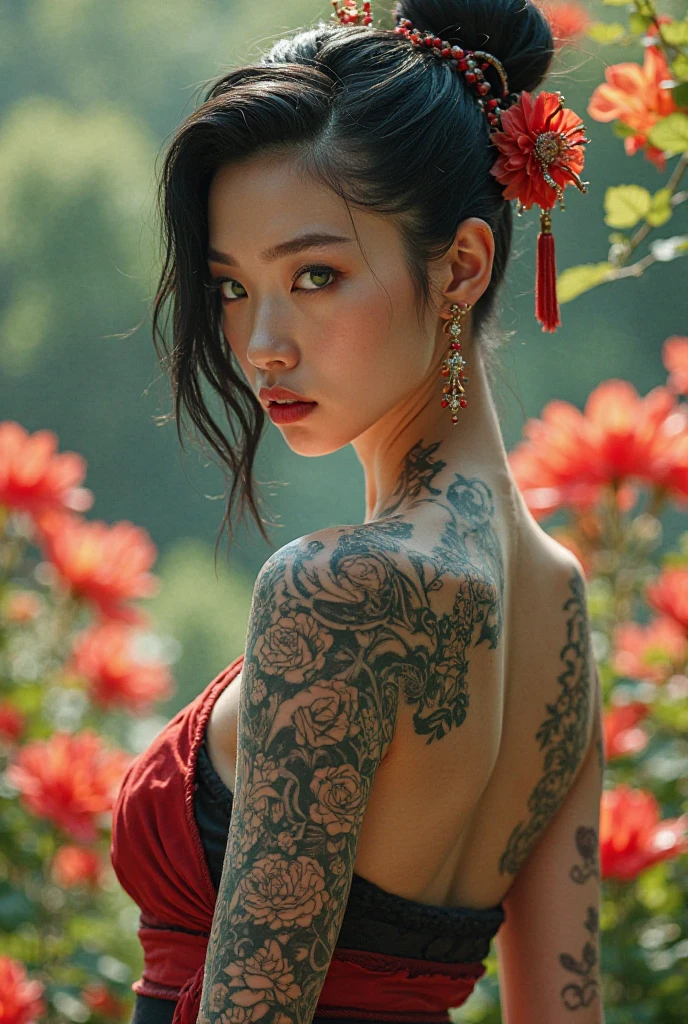 (RAW photo, best quality), (realistic, photo-realistic:1.3),best quality,highly detailed,masterpiece,ultra-detailed,illustration, 1 girl with phoenix tattoo on body, gigantic breasts, lotus tattoo, sfw:1.5, lace armor, half_body, flower lace bra, full body tattoo,