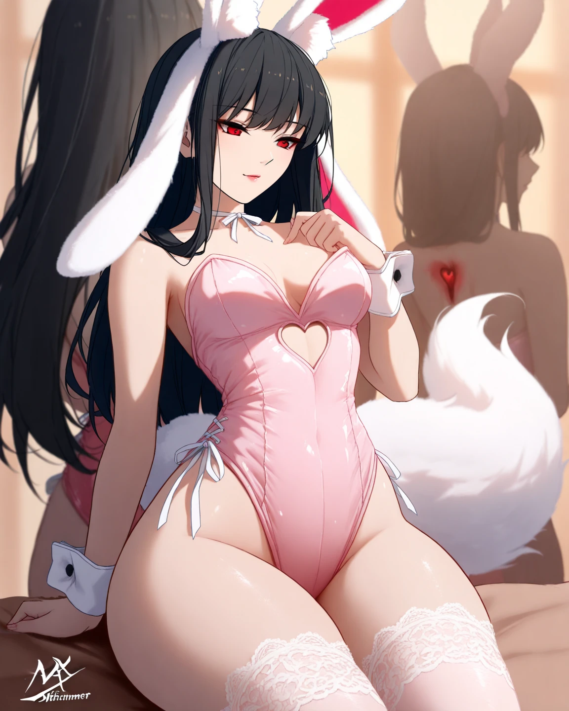 Beautiful and sexy girl, long untied black hair, lovely big round black eyes, and a red flower in her hair. Wearing an extremely sexy and revealing pink bunny outfit, her genitals are clearly visible. She was lying obediently on the bed.