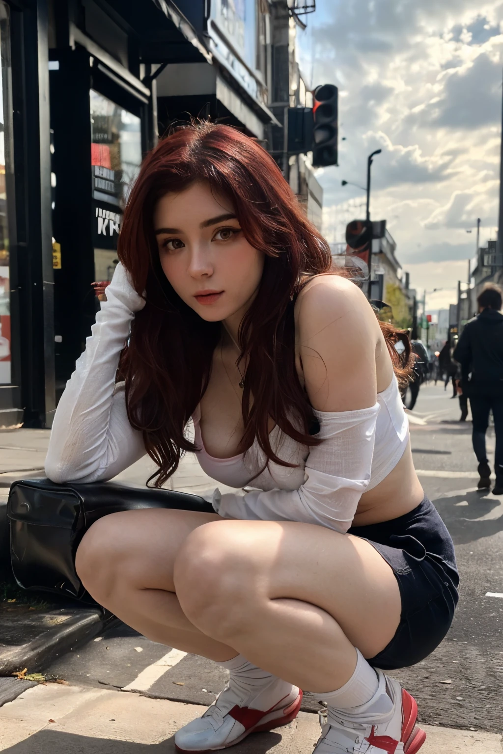 ((Masterpiece, high quality, super detailed, 8k, RAW Photo, hyper-realistic)), 1 girl, (short wavy hair), ((red ombre hair)), Perfect face, baby face ((lying silkworm eyes)), shinny skin, ((white tube top with arm sleeves)), look at the camera, slim body, perfect eyes, big nose, wearing necklace with pendant, earings, (she is embrassed), in the London street, from below, (she was squatting under the foothold)