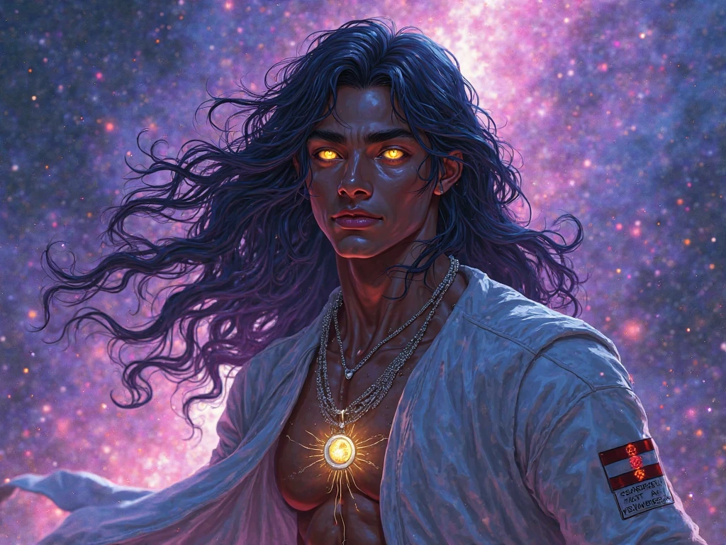 Male Genasi with dark purple skin, black eyes, long red hair, big hole in stomach with galaxy in it