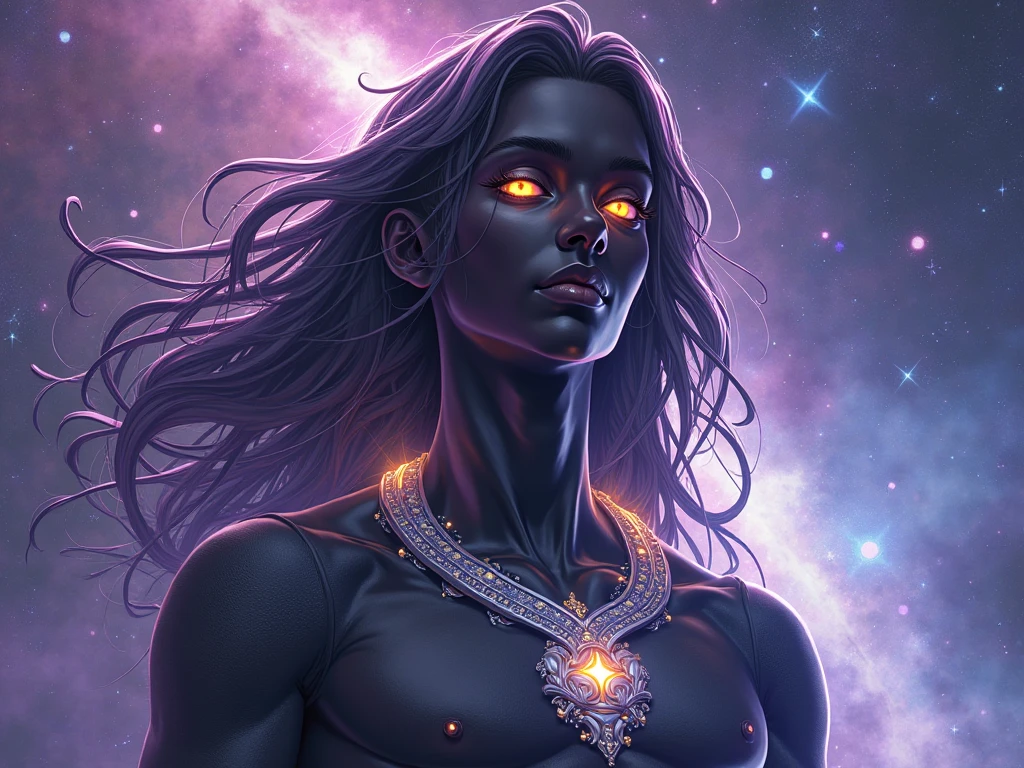 Create a highly detailed and atmospheric digital painting of a cosmic dark entity meditating in a lotus position on the surface of a barren planet. The entity has a shadowy, featureless face and a muscular humanoid body covered in dark organic tendrils that appear to flow and twist around it.. A bright red crystal is embedded in his chest, pulsating with dark energy. Above the head of the entity, A spinning purple and black cosmic vortex with a glowing mystical orb at its center radiates power, Shedding an ethereal light. The background features a vast star-filled galaxy with purple nebulas and distant cosmic phenomena., creating a sense of infinite space and power. The lighting is dark and sinister, and the main sources of light are the glowing red crystal and the mystical orb. The overall color palette is dominated by deep purples., black and touches of red, evoking a sense of cosmic mystery and power.