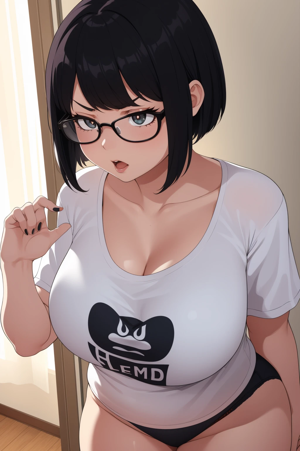 Masterpiece, (Best quality), (High detailed), (Best Anatomy), 1 girl, swarthy skin, beautiful face, full lips, make up, bangs, black short hair, wavy hair, pear shaped body, big , big ass, wide hips, slim waist, front view, close up, t-shirt, glasses, earrings