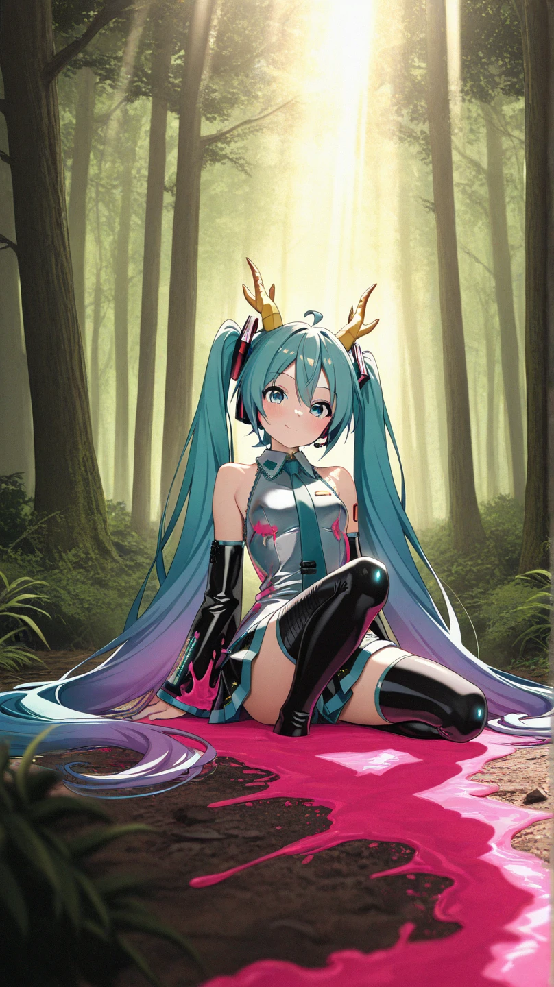 8k UHD, Photo by Nikon camera, masterpiece, (Hatsune Miku Swamp Monster Style), in a green swamp, watching viewer, 8k unreal engine render, very vivid lighting, detailed, (vibrant, photo realistic, realistic, sharp focus)