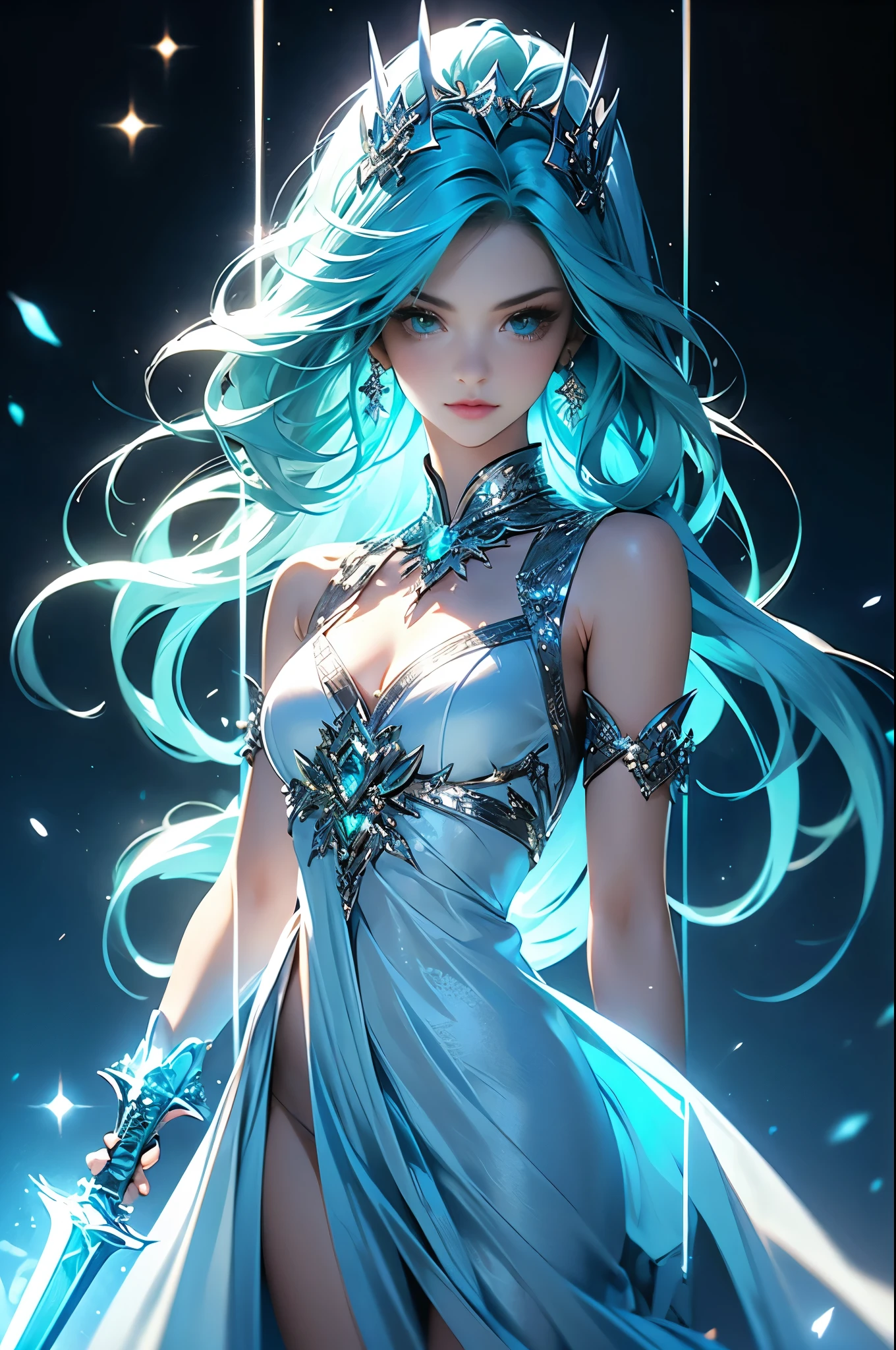 ultra-detailed half body photo of a young women merging with the bioluminescent environment, inside a sparkling blooming overgrown geode, waterfal, misty, she ral-dissolve into particles, waving gossamer crystals made of ral-crztlgls, she glows with an ethereal radiance, deep state of bliss, dreamlike scenery, best quality