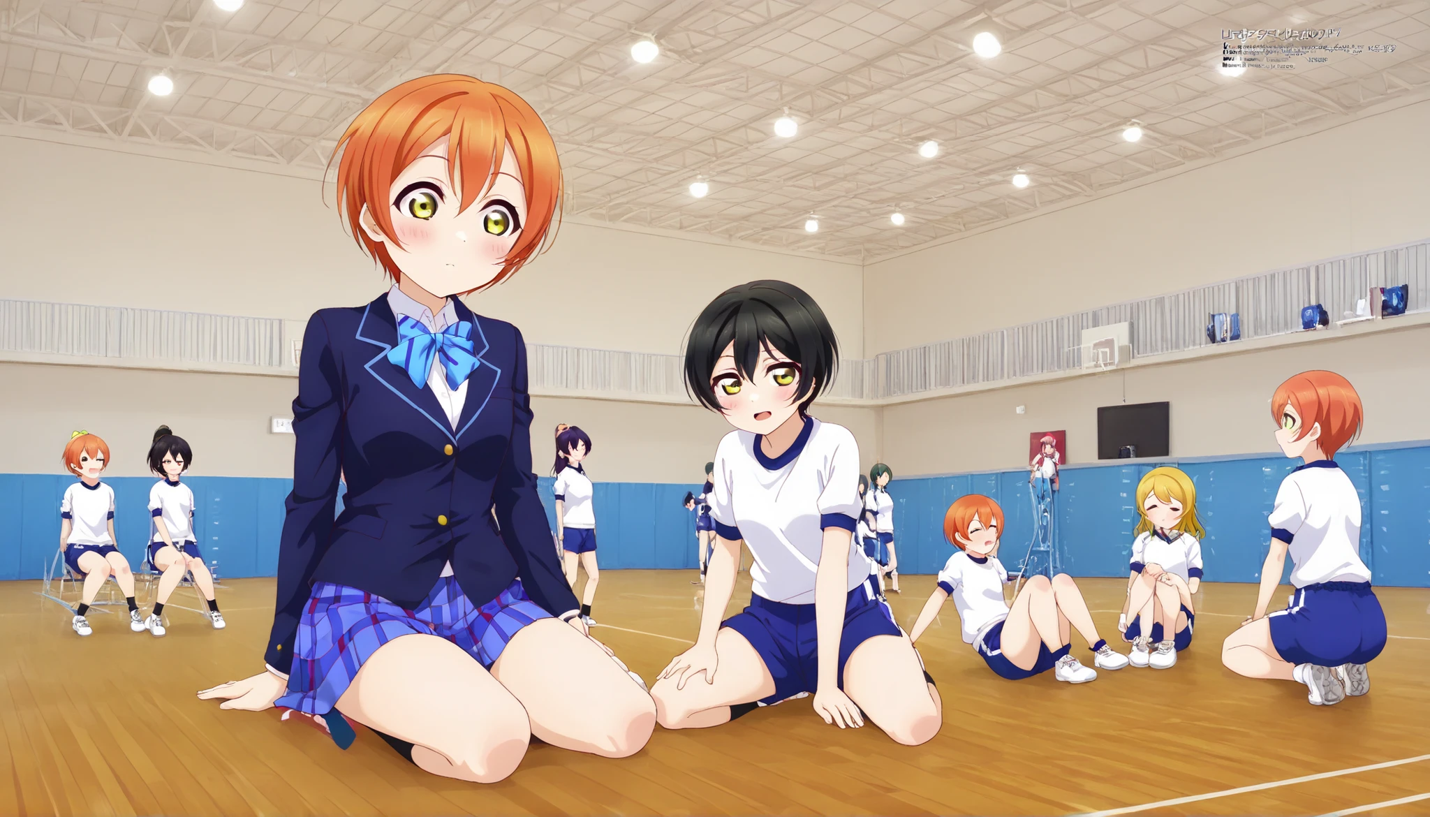 1girl,unwellness hoshizora rin, striped, short hair, blush, otonokizaka school uniform, lovelive_rin black blazer, blue plaid skirt, blue stripe bowtie, orange hair, very short hair, hair between eyes, yellow green eyes,sitting on the floor grasping one's knees (as in a gym class),score_9, score_8_up, score_7_up, rating_safe, masterpiece, best quality, absurdres, unity 8k wallpaper, official art, official style, source_anime, uncensored, game cg, megami magazine,taiikukan, indoors, sportswear, multiple girls, indoors, photo background, shorts, 6+girls, ceiling light, black hair, ceiling, stage, wooden floor, gym uniform, sportswear,Gymn4s3,