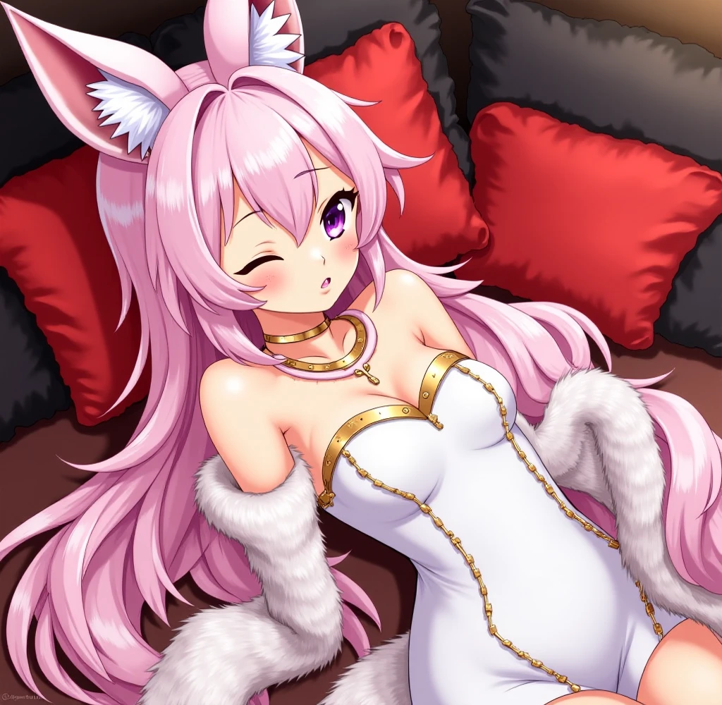 masterpiece, best quality, 8k, {Sexy Pachirisu, furry art, anthropomorphic Pokémon, white fur with pink stripes, medium breasts, pink eyes, (perfect eyes), perfect lips, (detailed eyes), long white hair, pink bangs, giant fluffy tail, pink lipstick, full lips, in bed, under blankets, wanting cuddles, shining eyes, wholesome, snuggling a pillow, wrapped up in blankets, bedroom eyes}