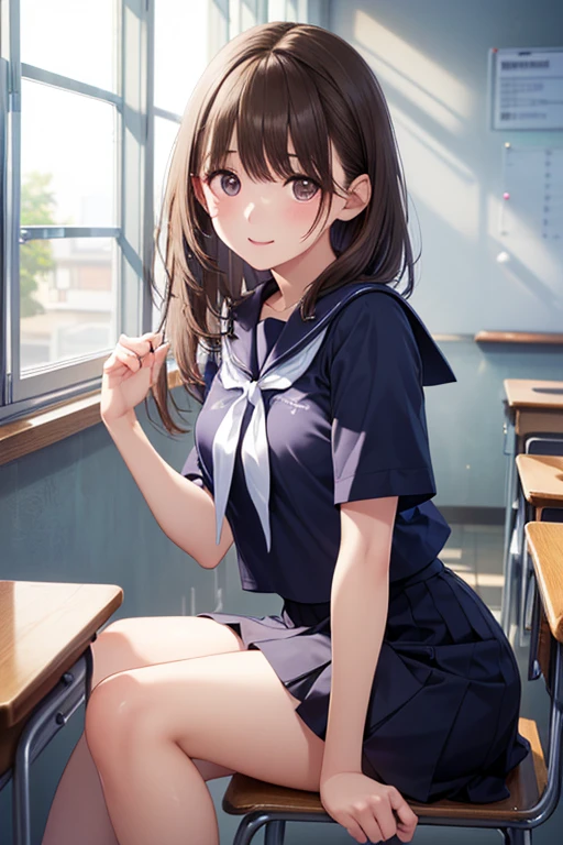 (masterpiece:1.2, top-quality), (realistic, photorealistic:1.4), beautiful illustration,
looking at viewer, cowboy shot, front view:0.8,
1 girl, japanese, high school girl, (long hair:1.4), light brown hair, (twin tail:1.7), large breasts:0.8, white skin
beautiful hair, beautiful face, beautiful detailed eyes, beautiful clavicle, beautiful body, beautiful chest, beautiful thigh, beautiful legs, beautiful detailed fingers,
(beautiful scenery), , classroom, desks, chairs,
((cute school uniform, long sleeves, pleated skirt, sailor collar, scarf)), white panties, shoes,
sitting, sit in a chair,
smile, peace sign,