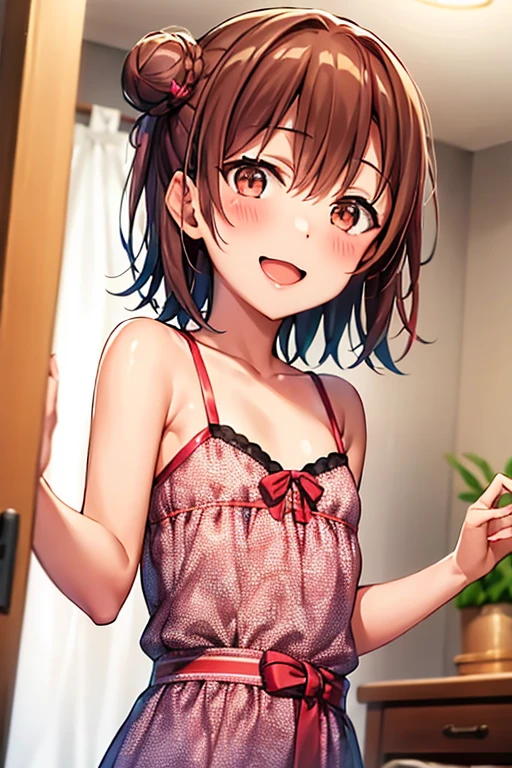 nsfw,masterpiece, extra limbs, 1girl,8years old, black straight hair, tareme brown eyes, (((delighted))), (pink camisole see through strap slip),(dress lift pink camisole),standing , bed room,night,high angle,pov