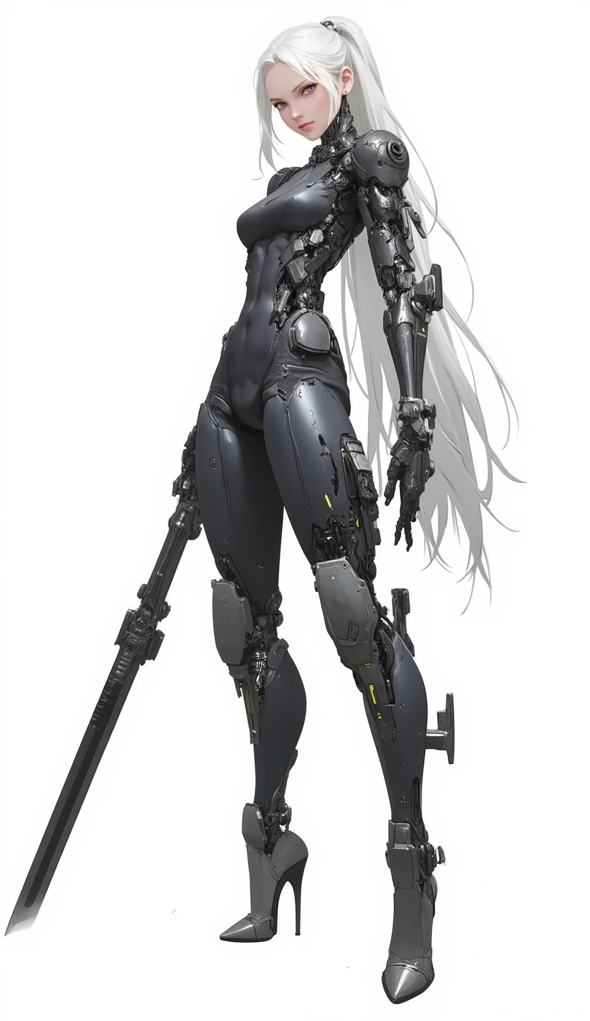 AI woman with black mechanical electronic body and dark gray metal parts, top, very tall, with thick thighs, wide hips, long legs, high heels and a slim waist. Bright crimson eyes, long flowing white hair tied in a high ponytail. Seductive, looking straight at the camera. Huge ultra-fast dichroism and birefringence with active non-local metasurface. Anime style, extreme detail, hyper-realism, realistic lighting, shadows and textures. The mechanical arm forms a long, straight blade that extends from the forearm and replaces the hand. 8K resolution with ray tracing. Isolated white background. Super professional quality, extreme detail, perfect continuity, anatomically correct, perfect anatomy. Inspired by Baiōken Eishun and rayonism. Official art, full body character.