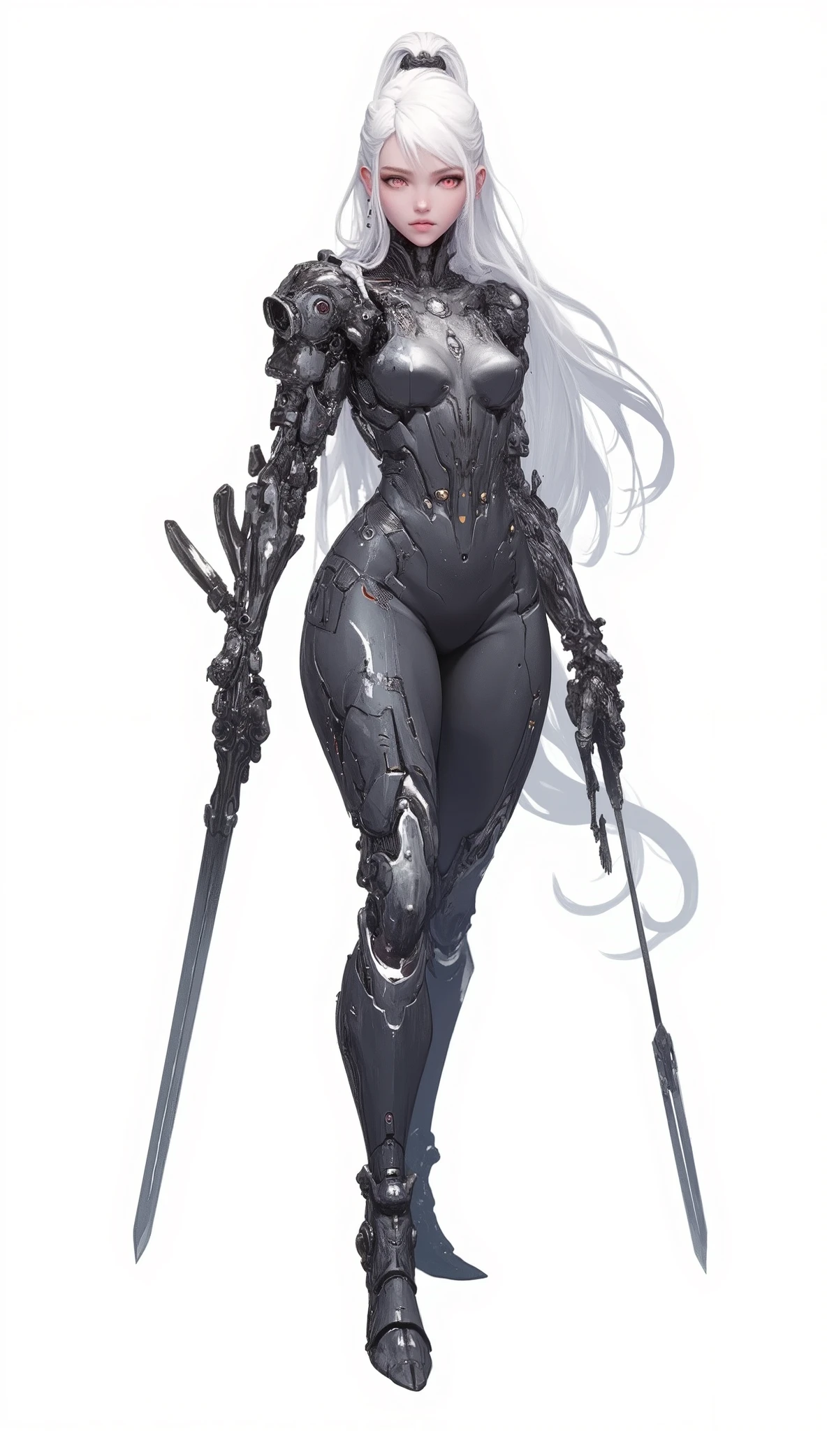 AI woman with black mechanical electronic body and dark gray metal parts, top, very tall, with thick thighs, wide hips, long legs, high heels and a slim waist. Bright crimson eyes, long flowing white hair tied in a high ponytail. Seductive, looking straight at the camera. Huge ultra-fast dichroism and birefringence with active non-local metasurface. Anime style, extreme detail, hyper-realism, realistic lighting, shadows and textures. The mechanical arm forms a long, straight blade that extends from the forearm and replaces the hand. 8K resolution with ray tracing. Isolated white background. Super professional quality, extreme detail, perfect continuity, anatomically correct, perfect anatomy. Inspired by Baiōken Eishun and rayonism. Official art, full body character.