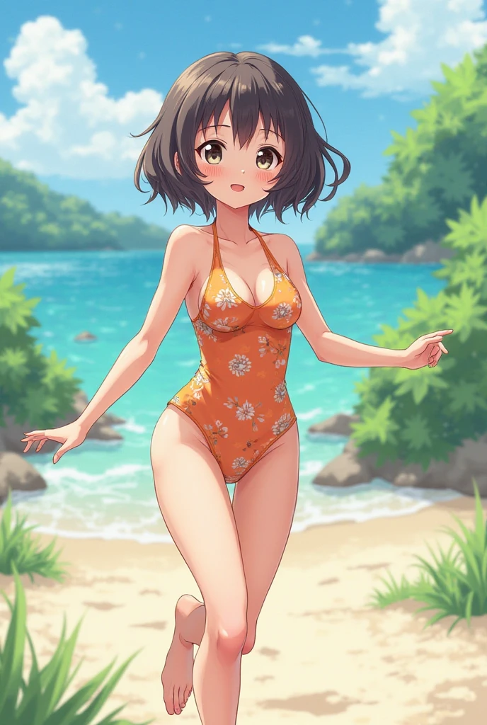 White high-leg swimsuit with thin floral pattern、Crotch seam, Nasty poses、Sexual expression、Nasty look、((flat chest))、the beach, day, short Bob, yellow eyes, brown hair, flower hair ornament, smile