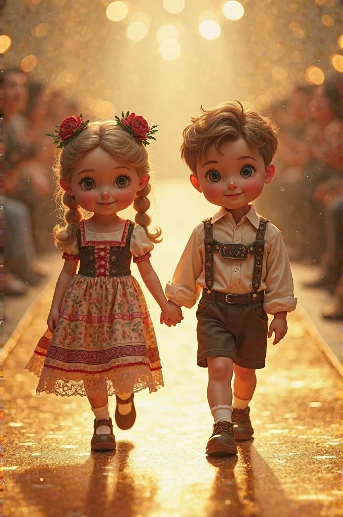 Beautiful boy with red eyes, 10 years old, black hair dressed in vest, shirt and in his shirt pocket a handkerchief , Next to her is a beautiful with golden hair and emerald eyes and bangs with a red ribbon, wearing a girl's colored dress with straps and holding a handkerchief in the background a street with many people and there is only a store with red bricks and that sells groceries and is set in the era where women dressed in dresses and men in jackets that has horror and mystery in the image and seems