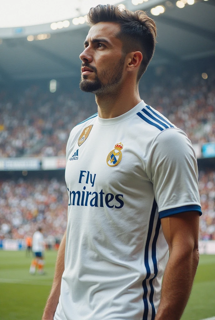 {{{FC Barcelona}}}, light, {{adidas white soccer jersey}}, {{{best quality}}}, {{{realistic}}}, {{{Detailed facial description}}}, realistic 눈동자, {{handsome western man}}, realistic 유니폼 주름, football을 들고 있는, {{{Real Madrid}}}, {{{soccer stadium}}}, football