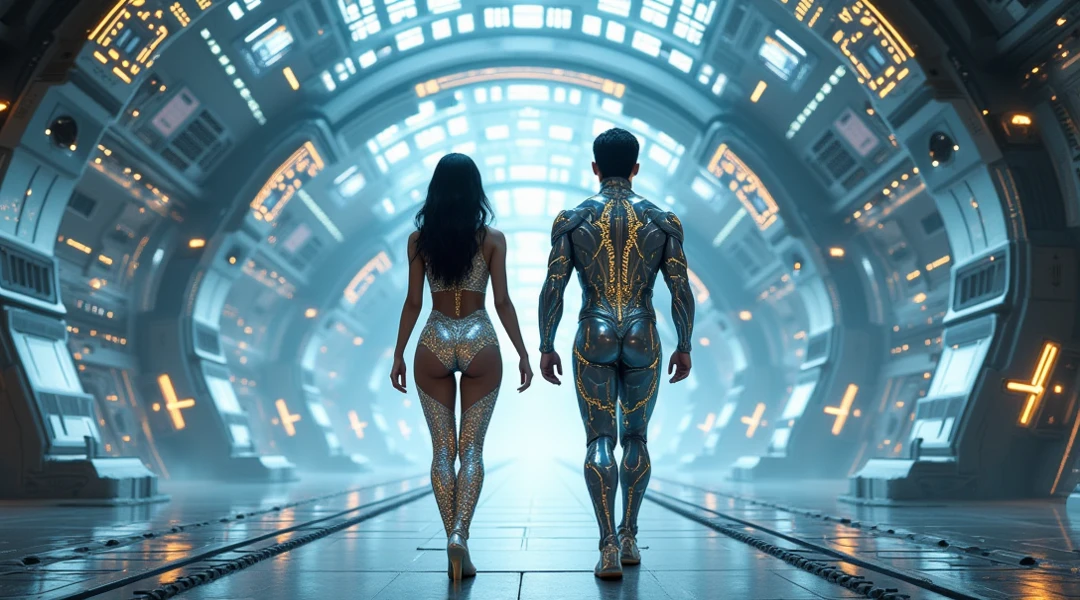 A full body of two brand new mixed alien 1man and 1woman species, discovered in the depths of the universe, radiates with iridescent hues that shift like the aurora borealis. Their licht-orange skin is adorned with intricate patterns of glowing jewels, each one pulsating with a soft, ethereal light, adding to their mesmerizing and enigmatic appearance. They are stepping out of a landed Ice-blue spaceship. best quality, realistic, photorealistic, (intricate details:1.2), (delicate detailed), (cinematic light), clear line, sharp focus, realistic face, detailed face, unity 8k wallpaper, ultra high res, (photorealistic:1.4), looking at viewer