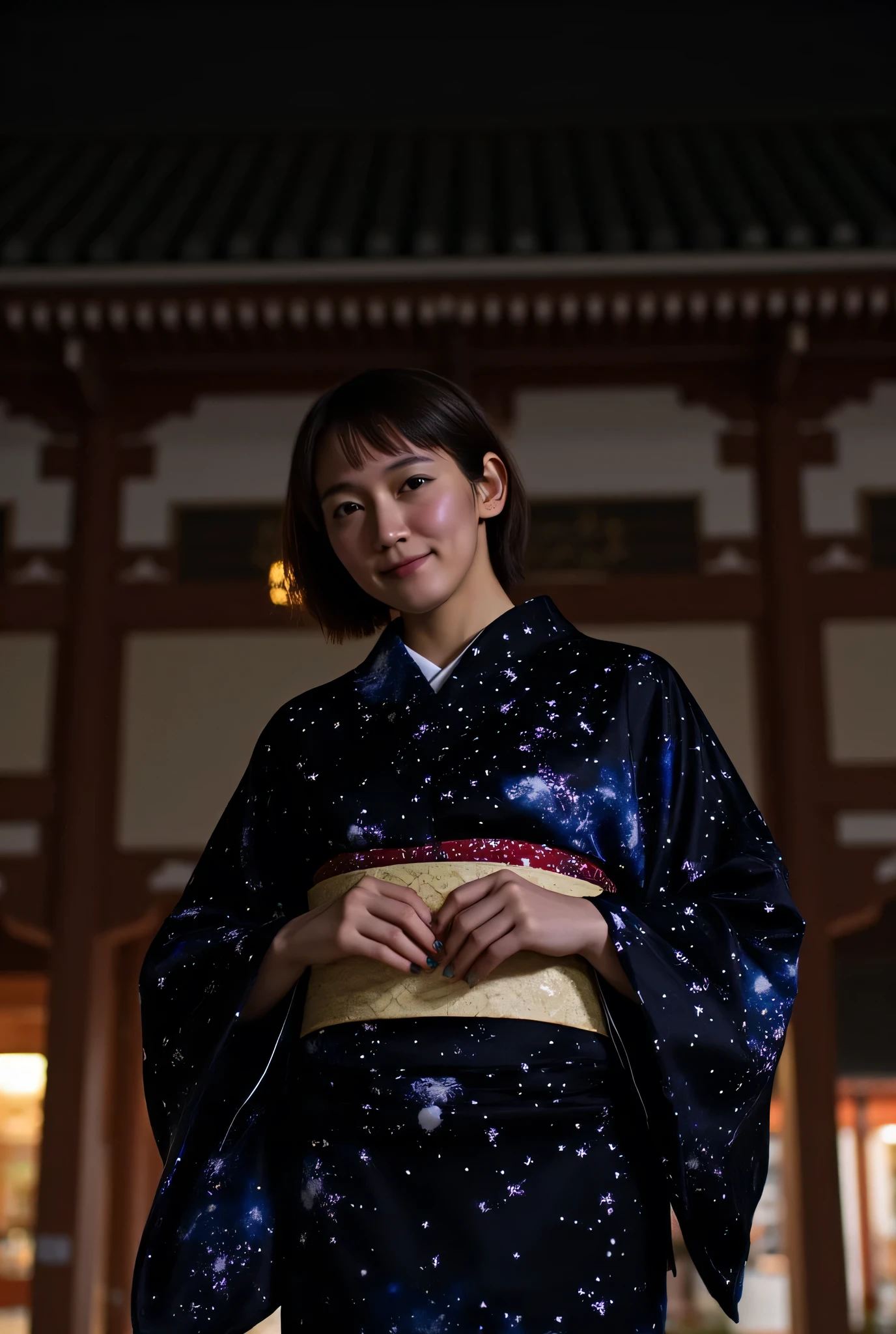 Japanese kimono with space pattern、Kyoto temple、It's a black kimono、Patterned stars々is shining、The Milky Way can also be seen 。Women have pretty big breasts compared to normal。The chest is completely covered。It's night but the kimono is shining。Women are slender、I have big breasts。hairpin inserted、The hairpin is shining。