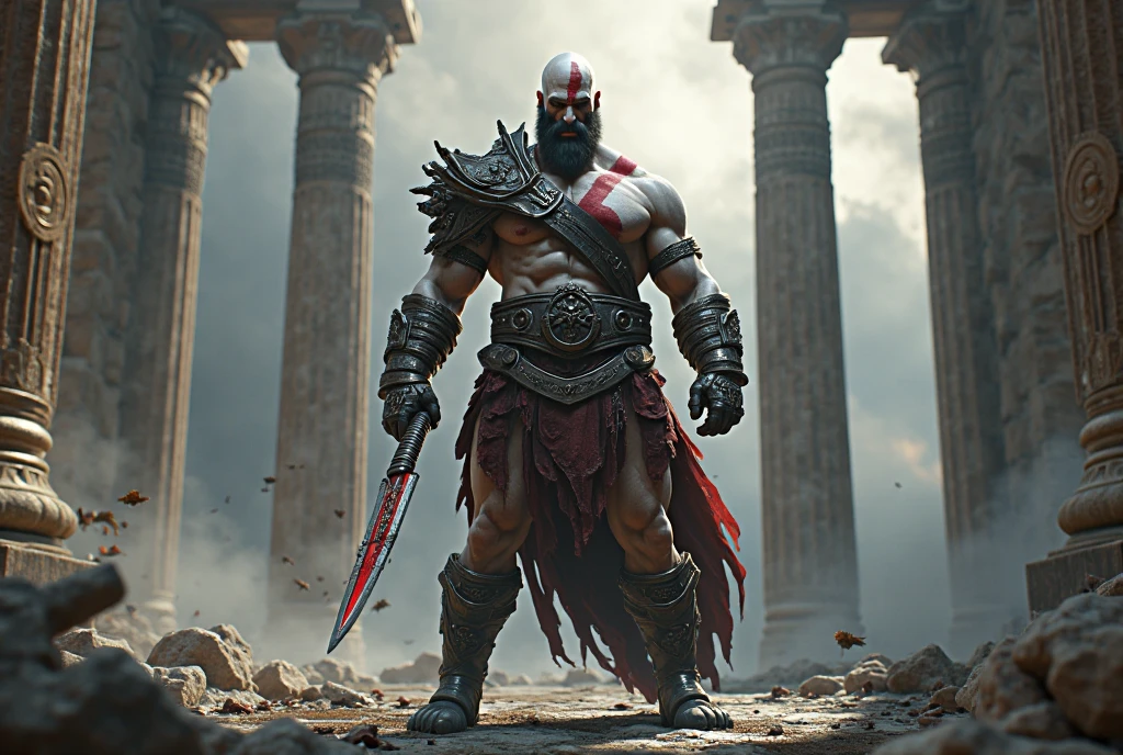 Kratos with a defined and realistic body and a medieval setting