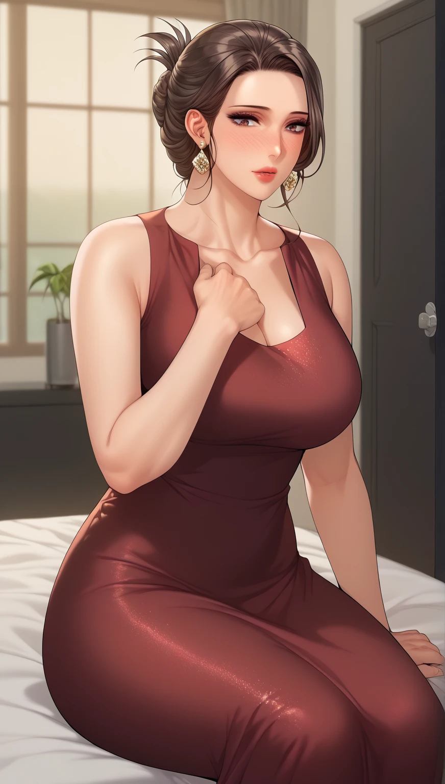 score_9, score_8_up, score_7_up, source_anime,1girl, mature female, beautiful face, brown hair, curvy mother, wide hips, normal breast, (love expression:0.7), looking at viewer, one hand on hip, standing, white dress, half complete body view