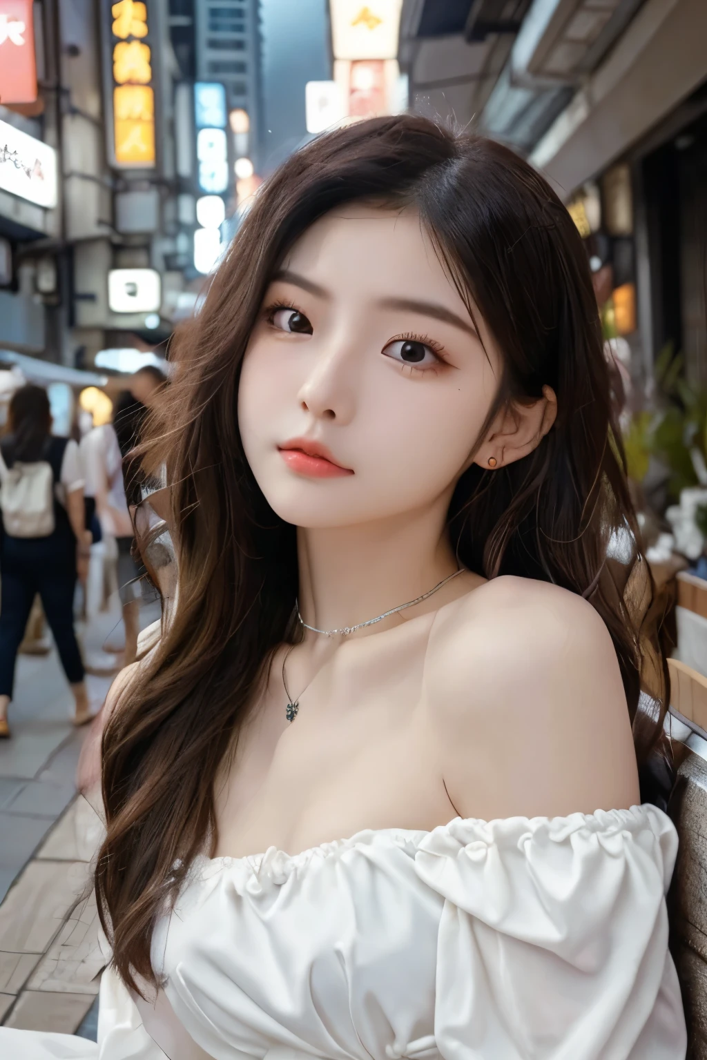 ((Masterpiece, high quality, super detailed, 8k, RAW Photo, hyper-realistic)), 1 Chinese girl, Ulzzang, (short wavy hair), Perfect face, baby face ((lying silkworm eyes)), pale skin, ((white tube top with arm sleeves)), look at the camera, slim body, perfect eyes, big nose, wearing necklace with pendant, earings, (she is embrassed), in the Hongkong street, from below