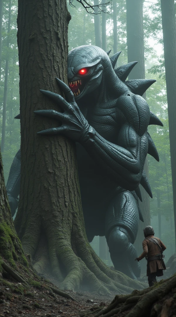 A massive alien monster, with dark, scaly skin and glowing red eyes, struggles in a ruined forest. One of its hands grips tightly to the trunk of a large tree, its claws digging deep into the bark. However, its legs are lifted off the ground, suspended in the air as an unseen force pulls it upwards. The monster’s body is tense with resistance, its eyes filled with anger and desperation as it fights to stay grounded. Its other limbs flail wildly, and branches break around it as it tries to anchor itself. The air seems thick with the energy of the pull, as if some invisible force is attempting to drag the creature into the sky.