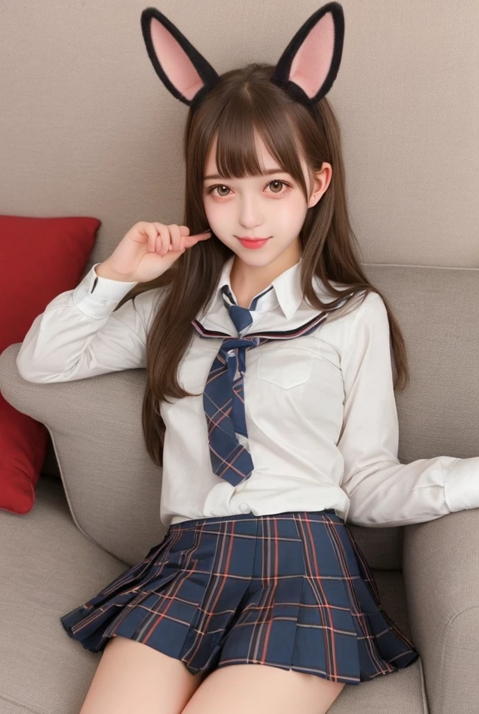 (8k), (highest quality: 1.2), (Realistic), (Realistic: 1.37), Ultra-high resolution, 1 girl, cute, A shy smile, Blushing,Mouth closed, Peach-colored lips,Beautiful details, Beautiful Nose, Beautiful black hair, bangs,Twin tail hair,Giant Dulcefo, pork, Thighs，Self Snap,University Uniforms,all fours,on the bed,A simple blazer,Pleated skirt,(The skirt has a tartan check pattern......:1.3),Crossing your legs, From above,(Thighsにクローズアップ),(光沢のあるThighs:1.4),(white knee-high sox:1.2)