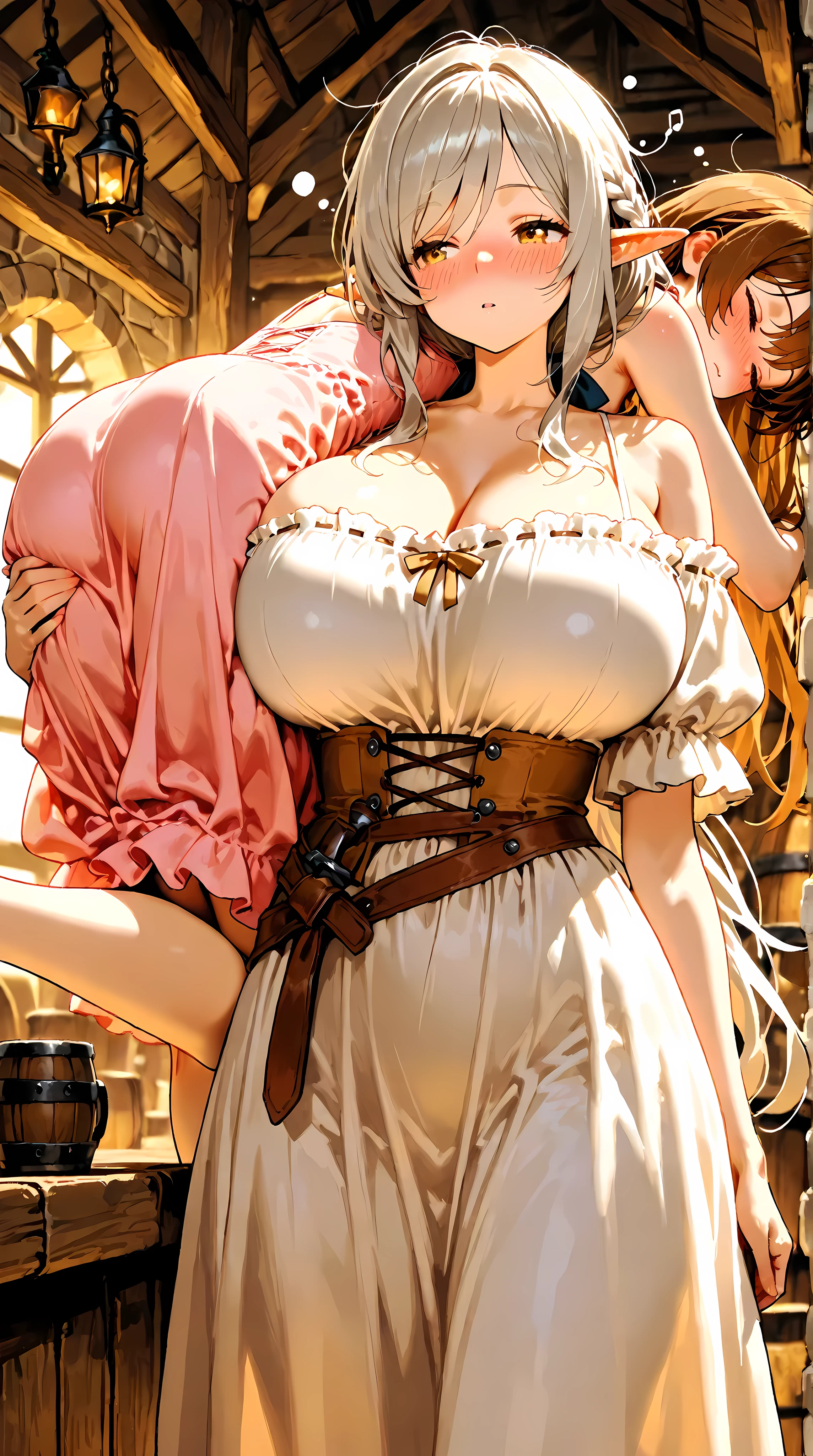 (masterpiece:1.2, Best Quality), (finely detailed beautiful eye: 1.2), (beautiful detailed face), 2girls, drunk, carrying, carrying over shoulder, groping ass,, character: brown hair , sleeping, brown eyes , very long hair , swept bangs thin , small breasts , bare shoulders , pink sundress , backless sundress , spaghetti strap sundress , sundress with white frill trim , medieval tavern girl dress, character: thin , messy hair, yellow eyes , long hair , gray hair , low ponytail , light skin , yellow eyes , medieval tavern girl dress , , tavern, music notes, huge breasts, blush, elf girls