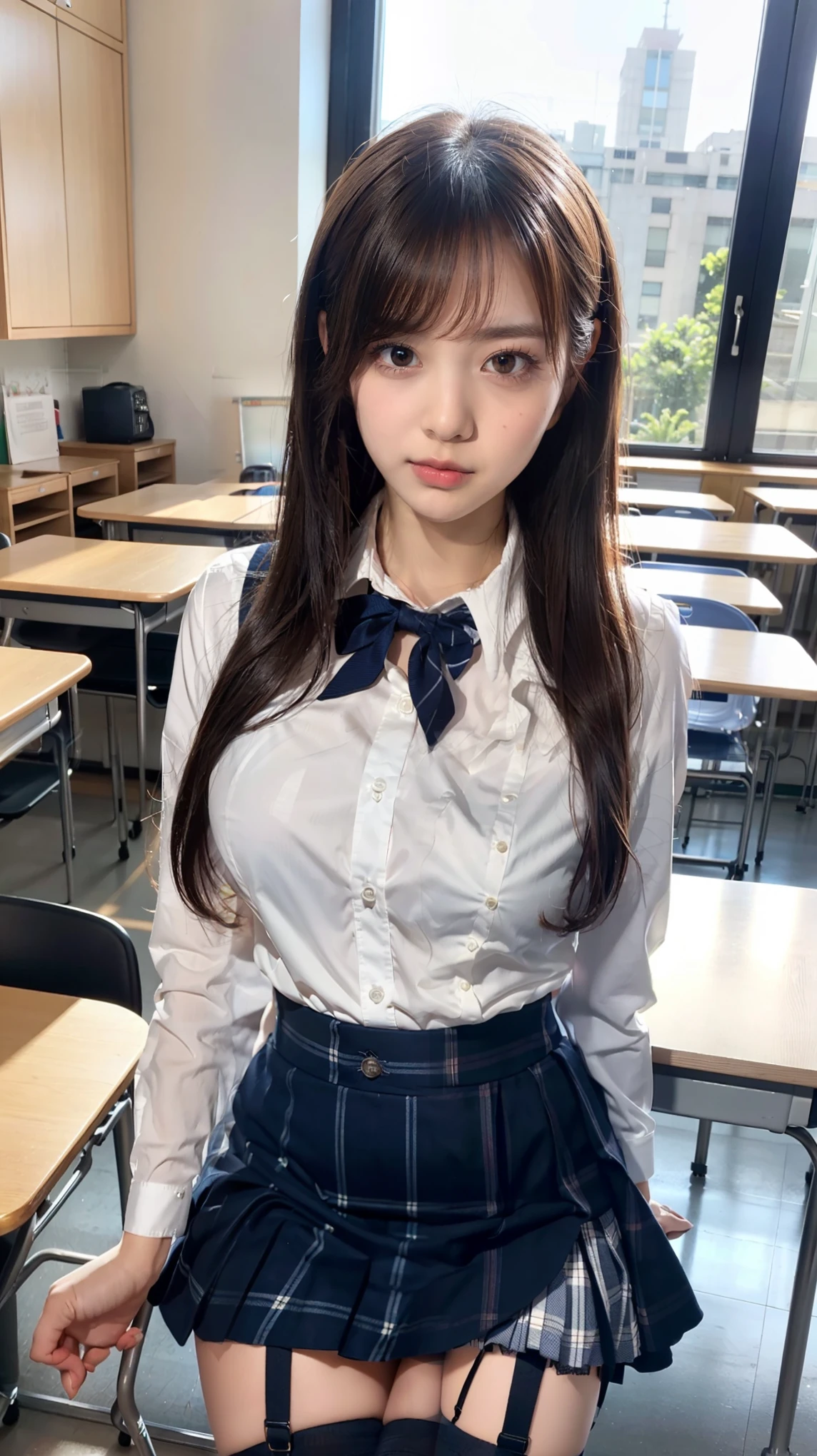 ((Highest quality, 8k, masterpiece: 1.3, One girl, beautiful girl)), cute, dynamism, Detailed face, Detailed skin, Detailed clothing, Detailed eyes, Detailed lips, Detailed tongue, Detailed fingers, Mouth details, Realistic, RAW Photos, High resolution, Natural light, Dynamic pose, Perfect Anatomy, Toned Legs, double eyelid, Tear bags, Round eyes, Moisturized lips, Sweaty, ((This passage, Marine Kitagawa)) Blonde and pink hair, Metal collar, ear Earrings, Earrings, Long Hair, Earrings, Red Eyes, Straight hair, Swept-apart bangs, Gradient Hair, School uniforms, White shirt, tie, Checkered Pleated Skirt, Ecstatic face, Ahegao, Drooling, View your viewers, (pantyhose, Pull down your panties, Grab your own chest), In the classroom at sunset, pubic hair