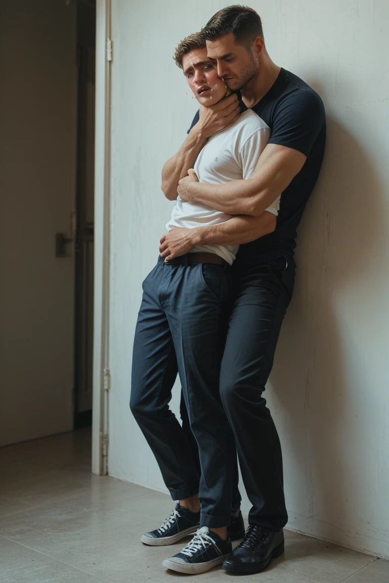 2 Korean young men sleeping kissing each other, they are wearing blue jeans, topless, shoes,