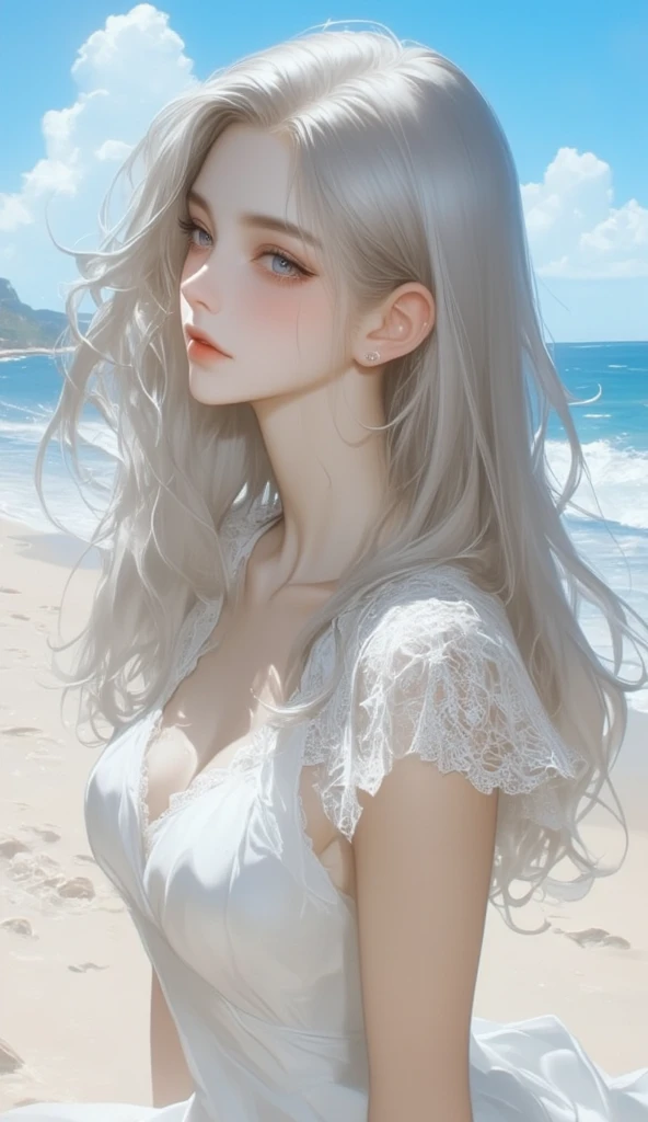 a beautiful woman with long white hair, standing on a sandy beach by the ocean, serene expression, cinematic lighting, highly detailed, oil painting, vibrant colors, dramatic atmosphere, photorealistic, (best quality,4k,8k,highres,masterpiece:1.2),ultra-detailed,(realistic,photorealistic,photo-realistic:1.37),beautiful detailed eyes,beautiful detailed lips,extremely detailed eyes and face,longeyelashes